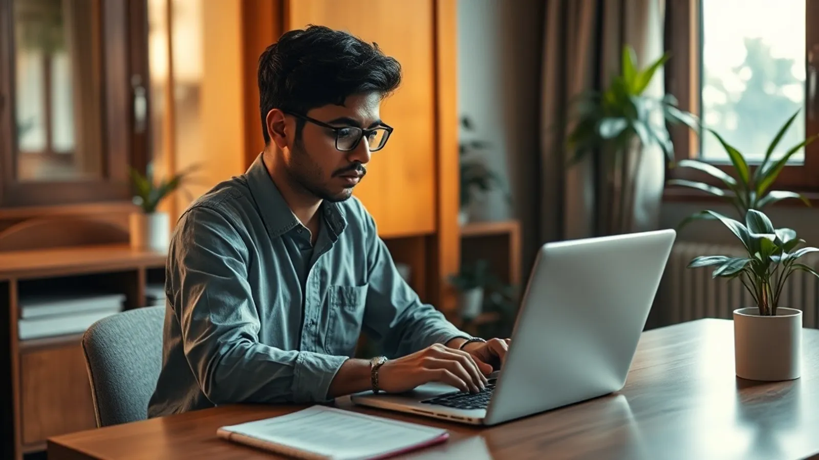 Working professional preparing for a cloud certification examination on a laptop at a home study desk