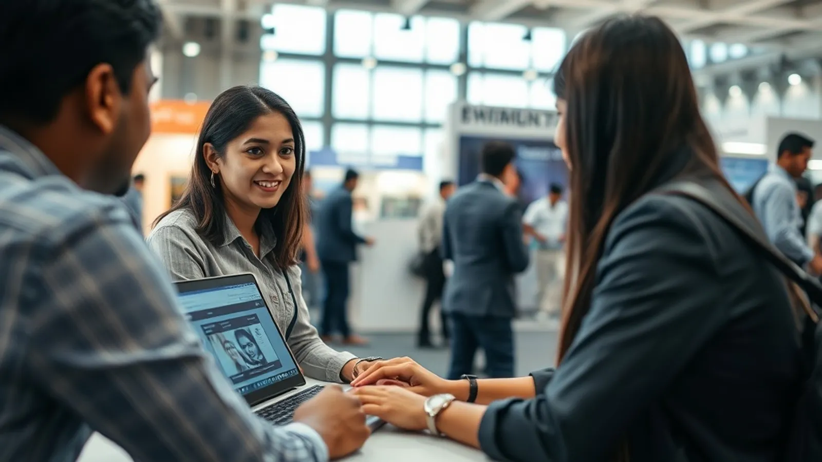 BCA student demonstrating a project to a recruiter at a Bengaluru career fair