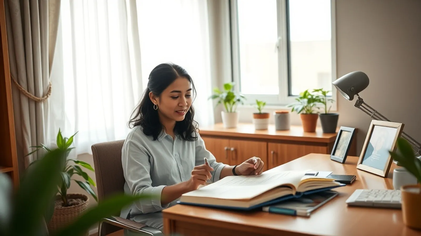 Career-restart candidate confidently studying at a home study desk after a career gap