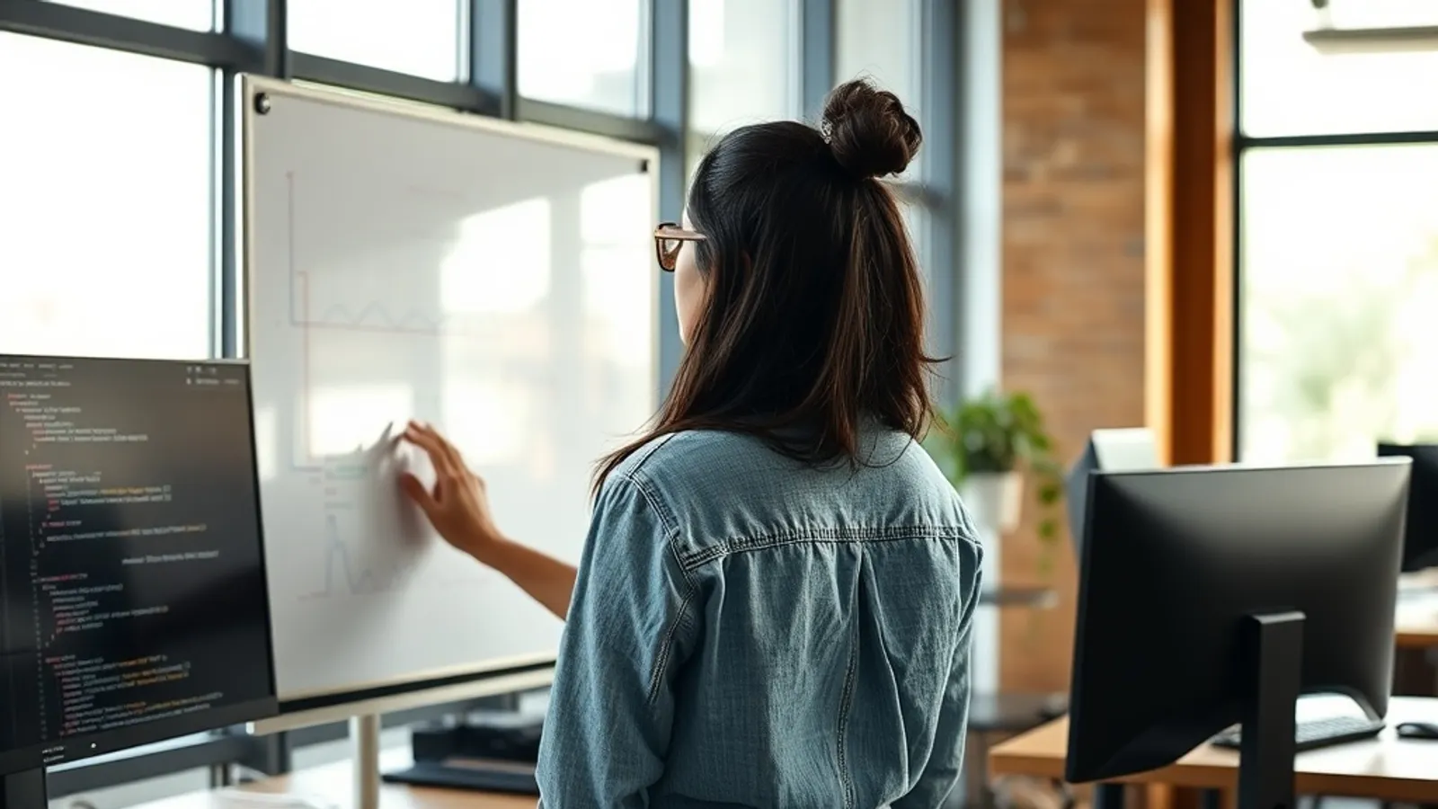 Data engineer reviewing a pipeline diagram on a whiteboard at a Hyderabad SaaS office