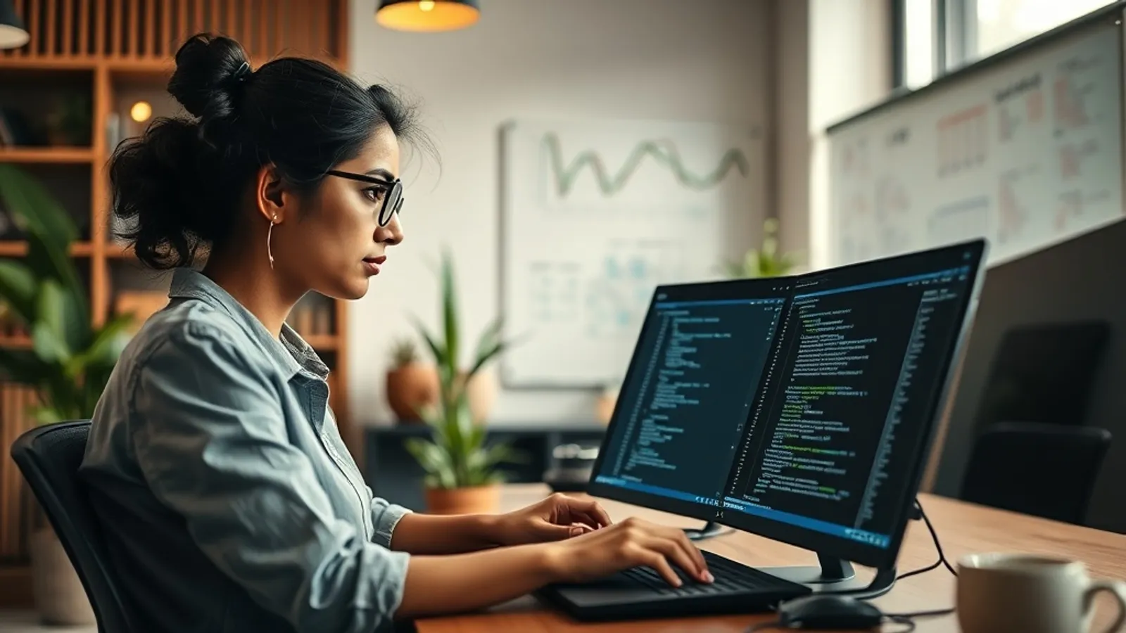 Analytics engineer reviewing a dbt model in a code editor at a Bengaluru SaaS office