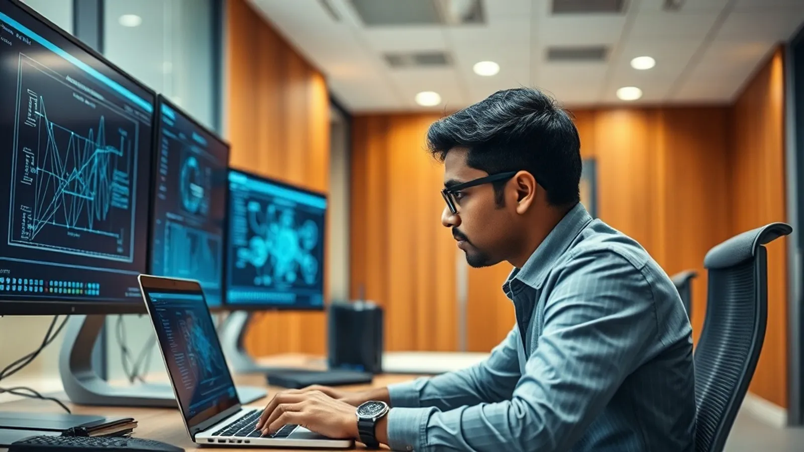 Edge computing engineer reviewing a CDN topology on a laptop at a Chennai telecom infrastructure office