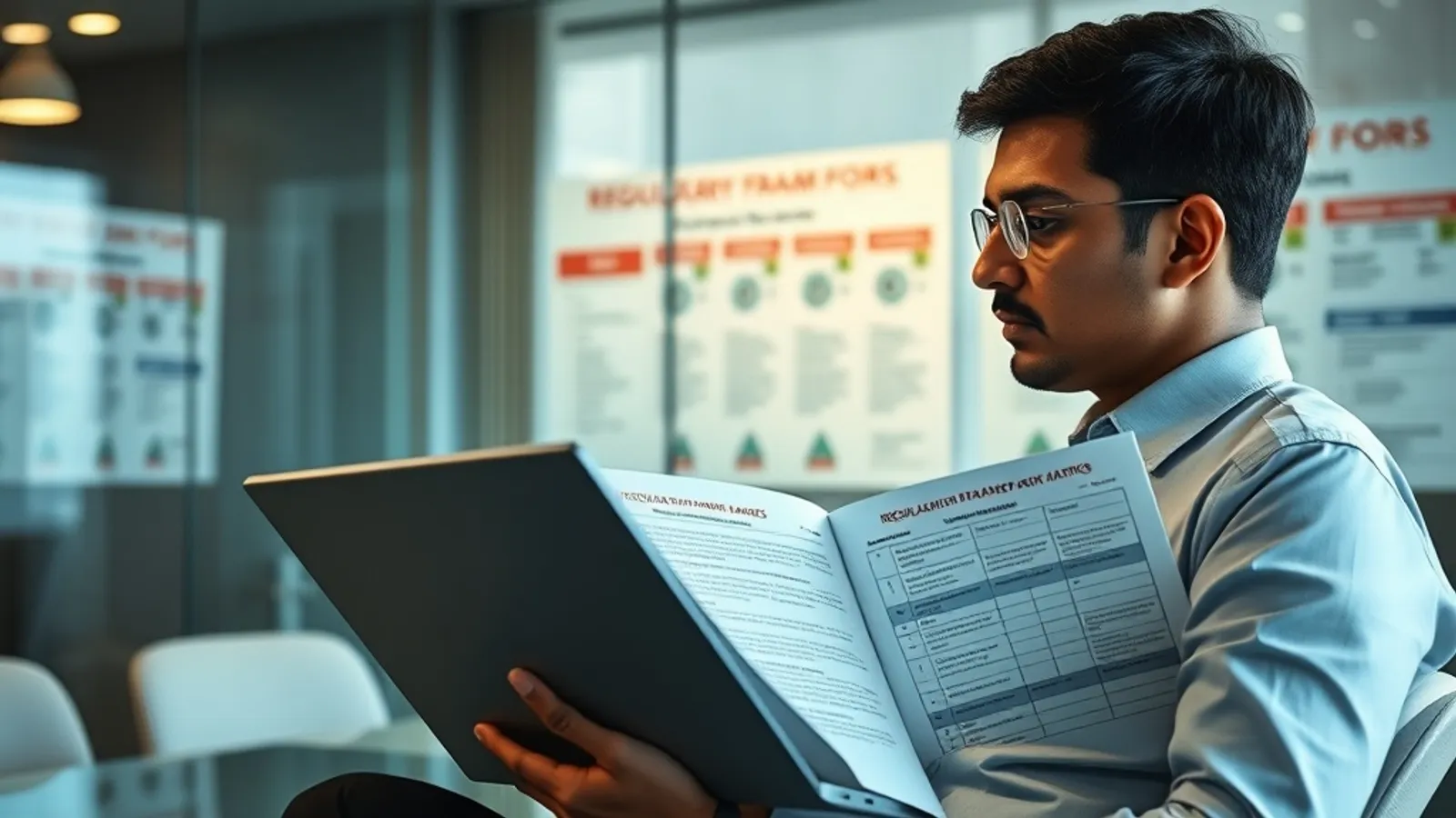 GRC consultant reviewing a regulatory framework matrix at a Mumbai Big-Four office