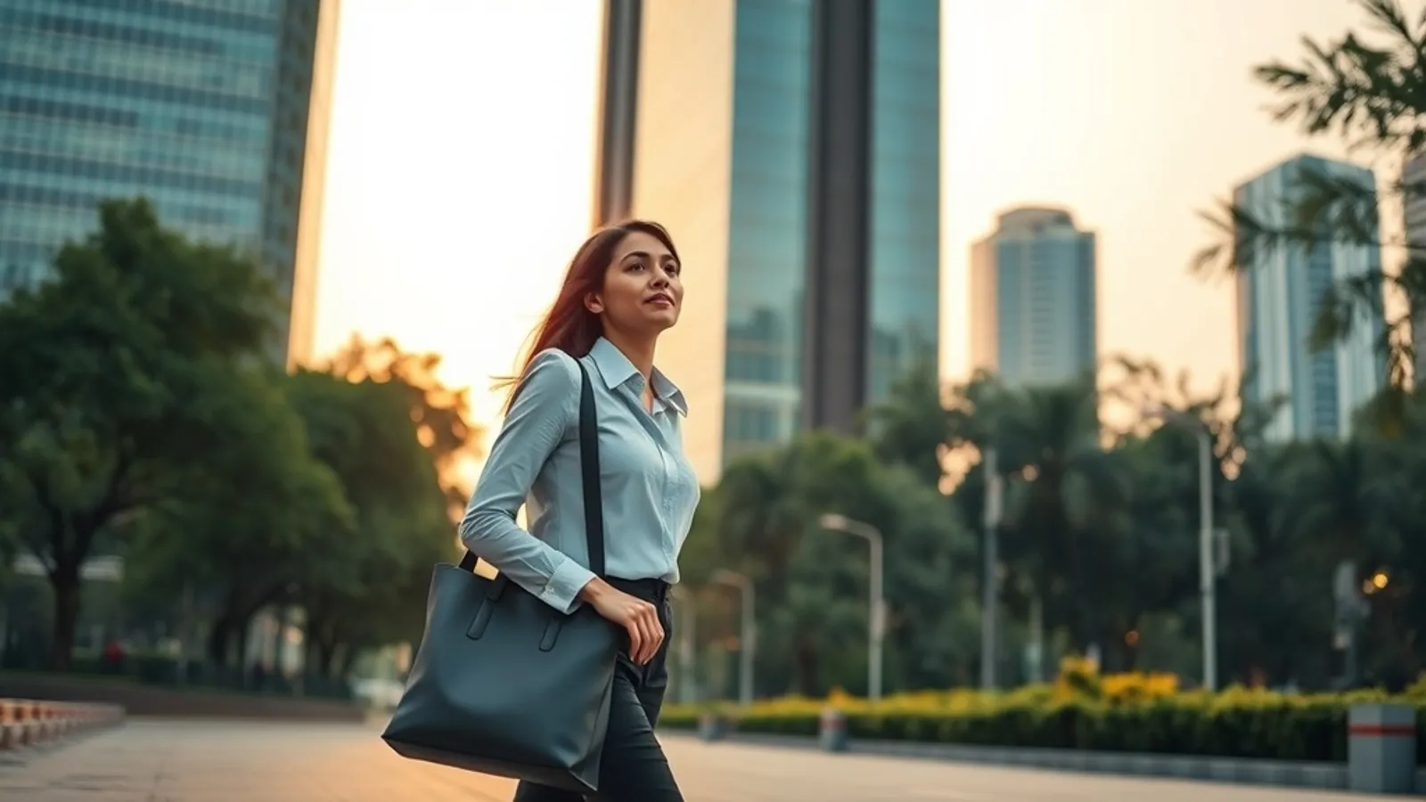 Strategy consultant walking past a Gurugram corporate tower at dusk