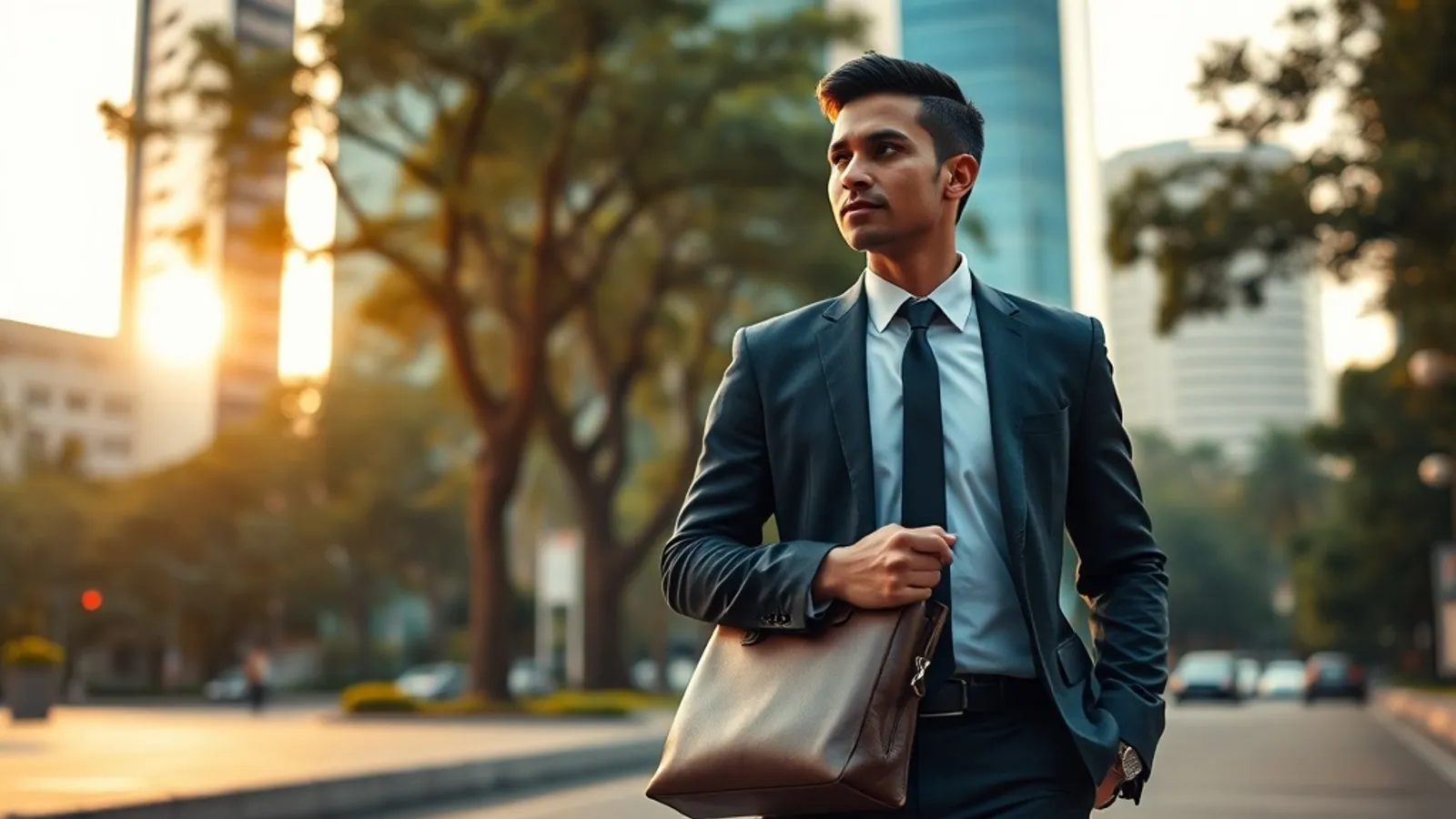 Banking professional walking through a Mumbai BFSI district at dusk