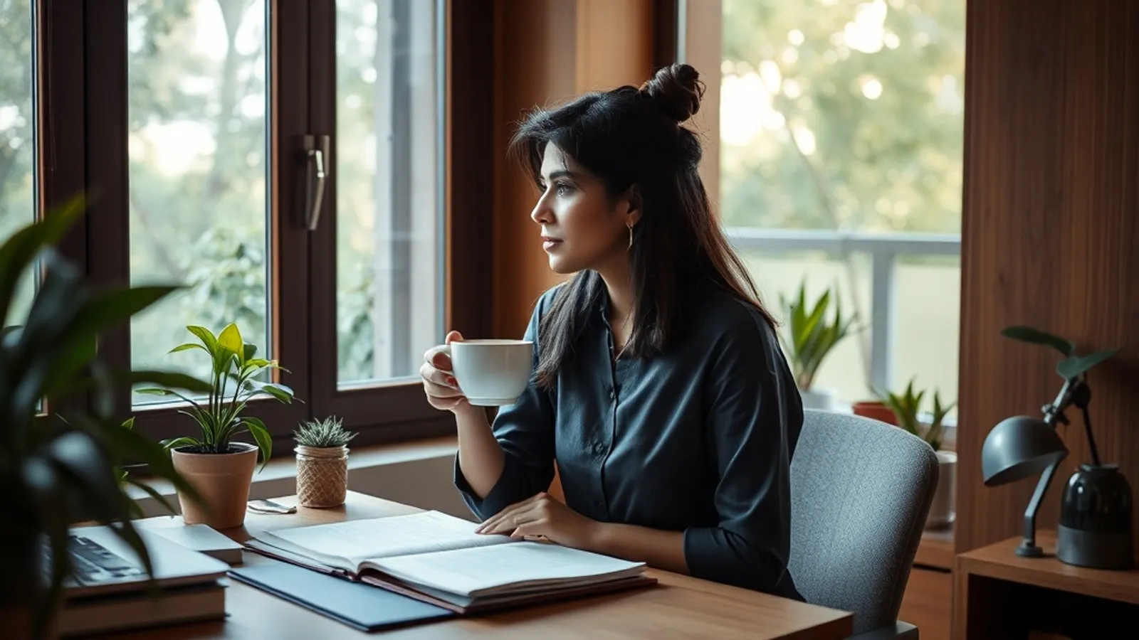 Working professional taking a mindful break with a cup of tea at a Pune home study desk