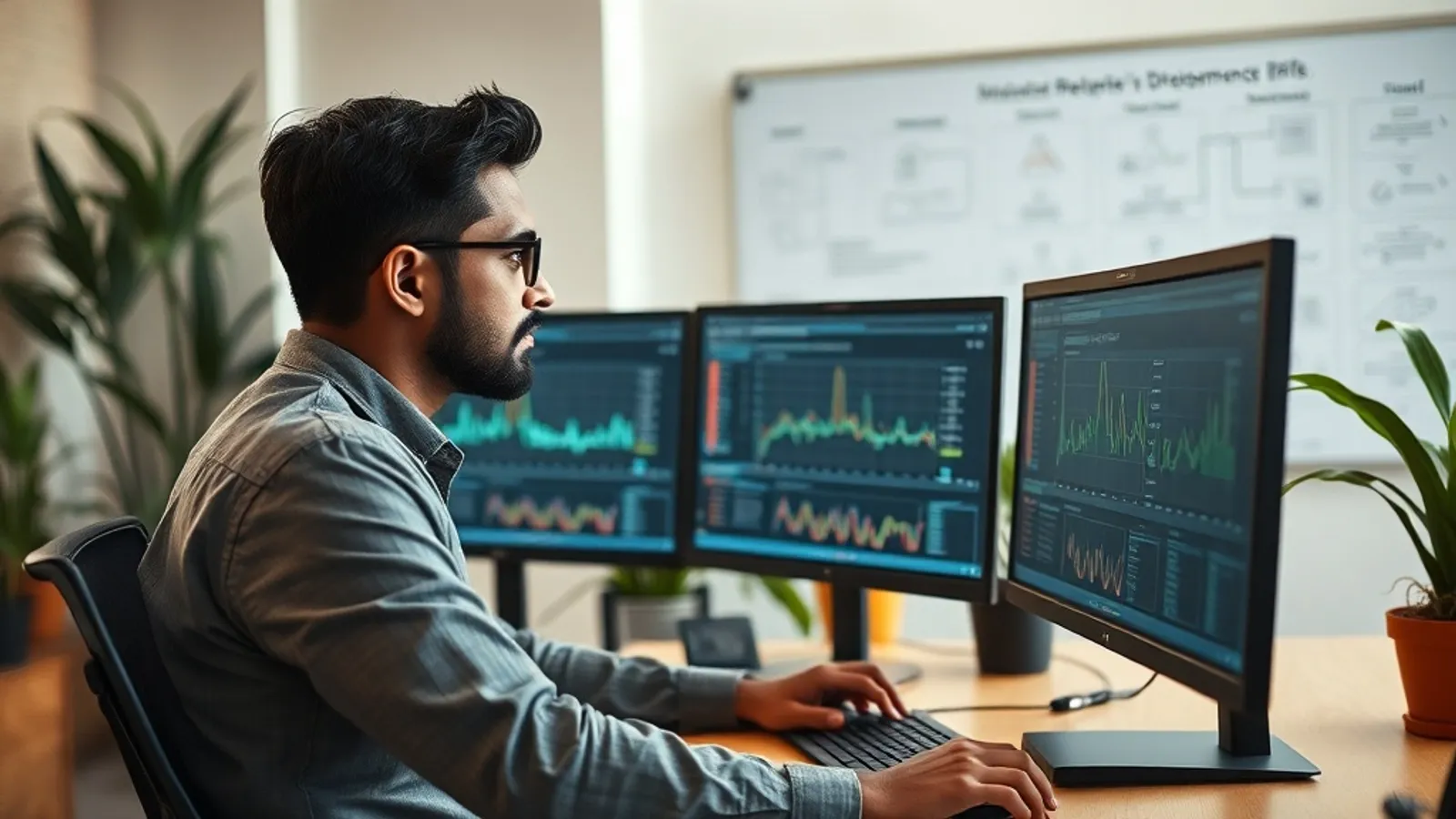 MLOps engineer reviewing model performance dashboards on dual monitors at a Bengaluru AI office