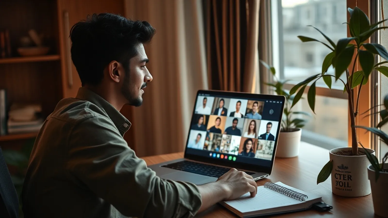 Working professionals collaborating during an online cohort video call from a home study desk