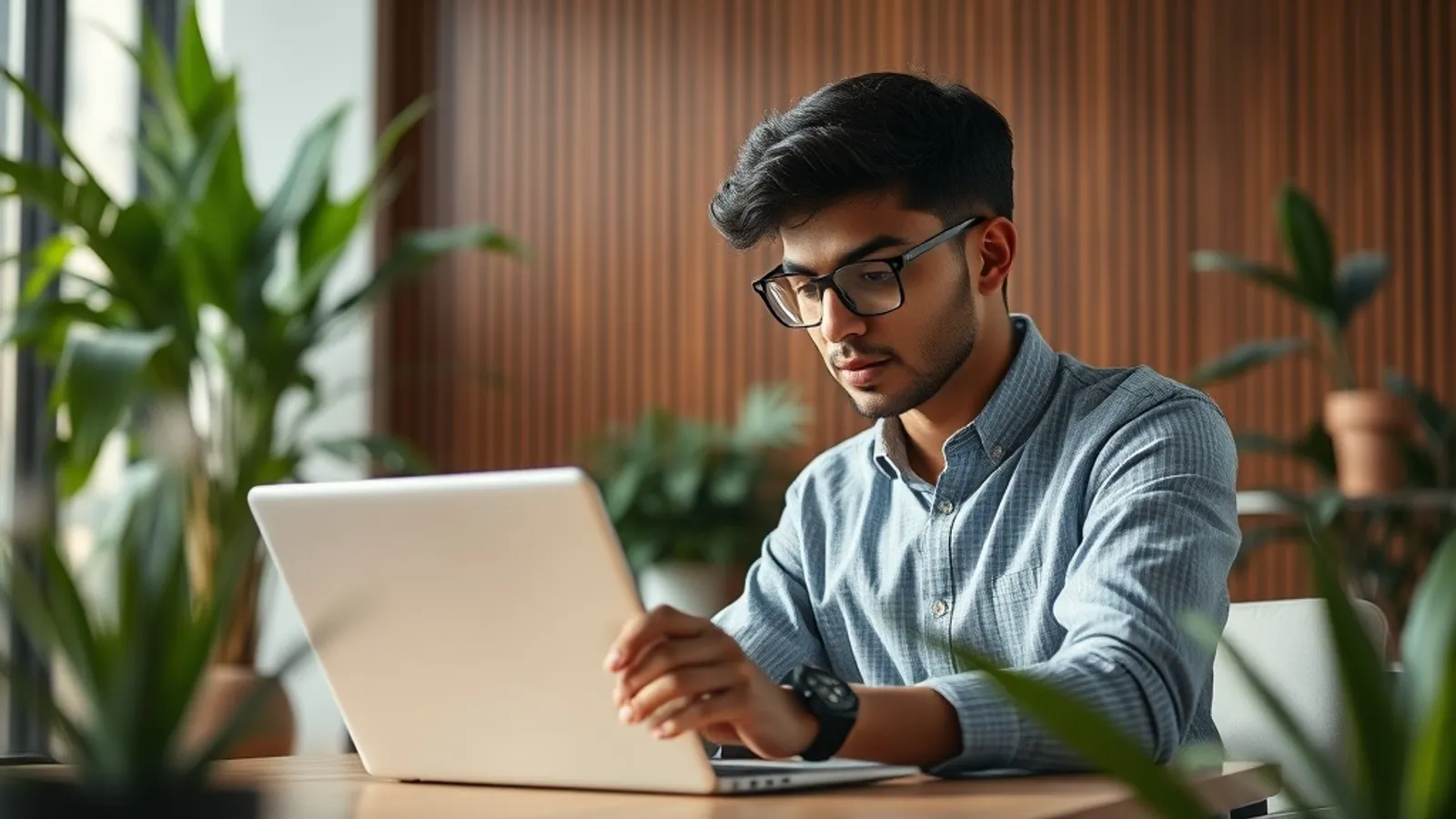 Young professional in Mumbai office reviewing salary data on a laptop