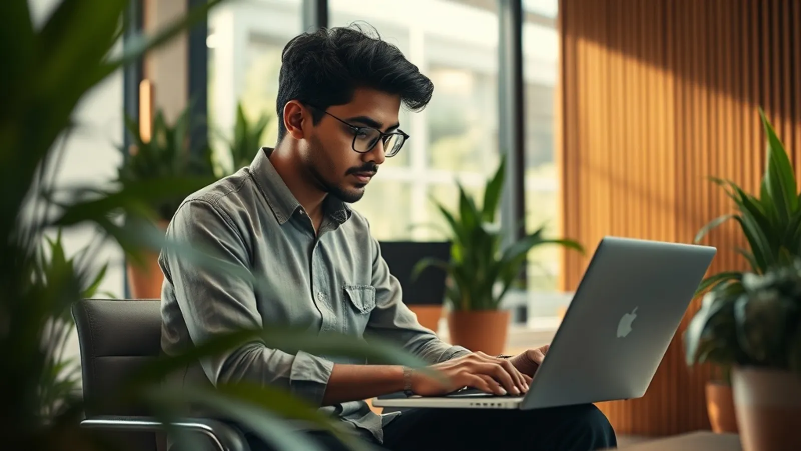 Young professional in Hyderabad office reviewing salary data on a laptop