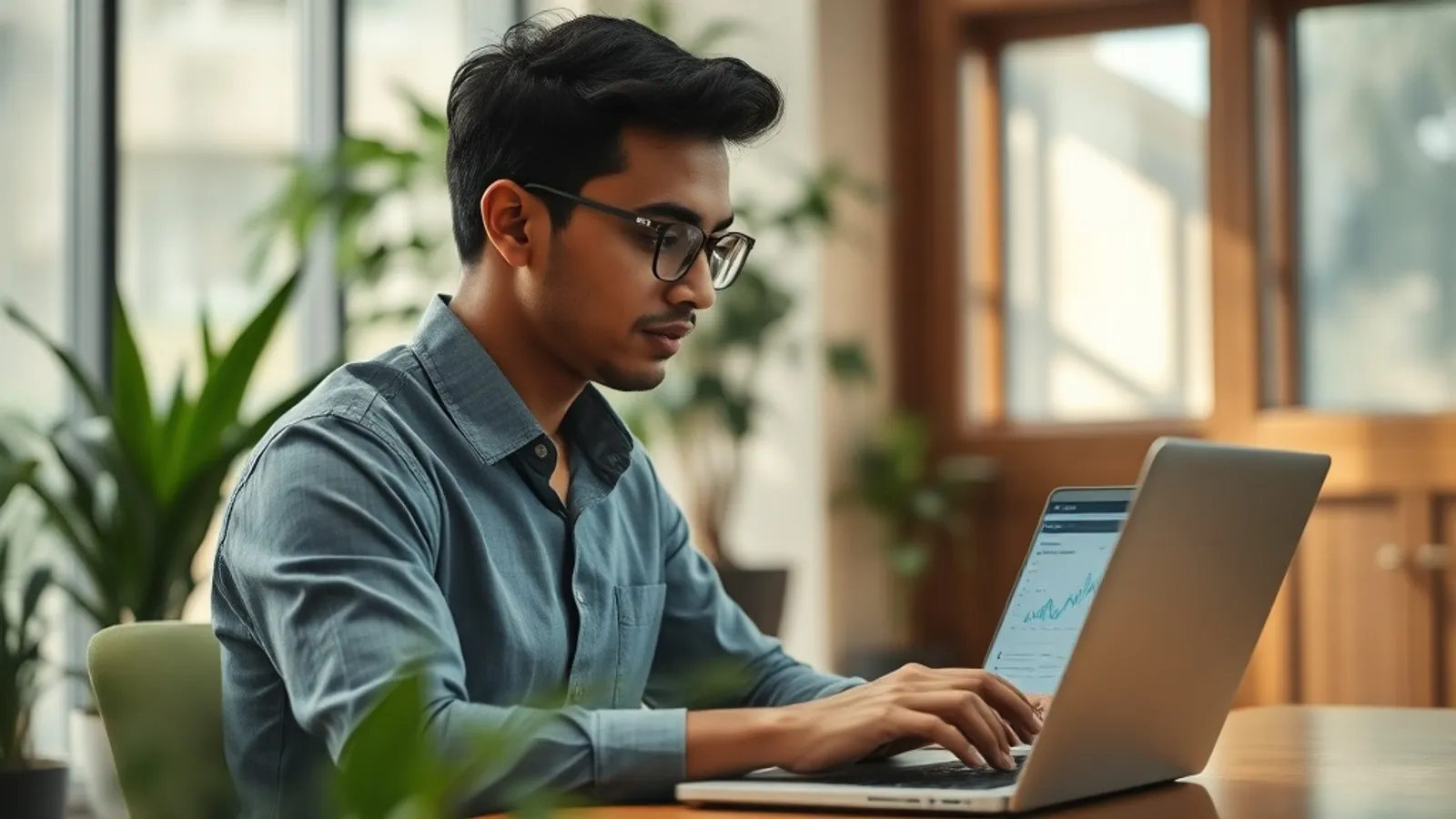 Young professional in Mumbai office reviewing salary data on a laptop