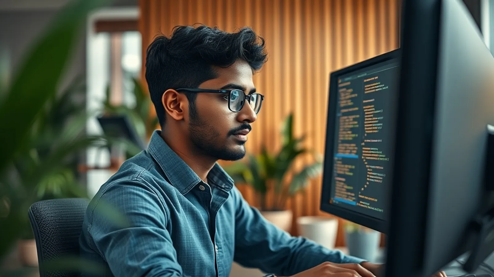 Data engineer building a data pipeline on dual monitors at a Hyderabad SaaS office