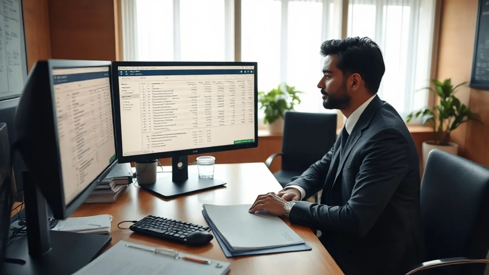 Forensic accountant reviewing a financial-trail spreadsheet in a Delhi office