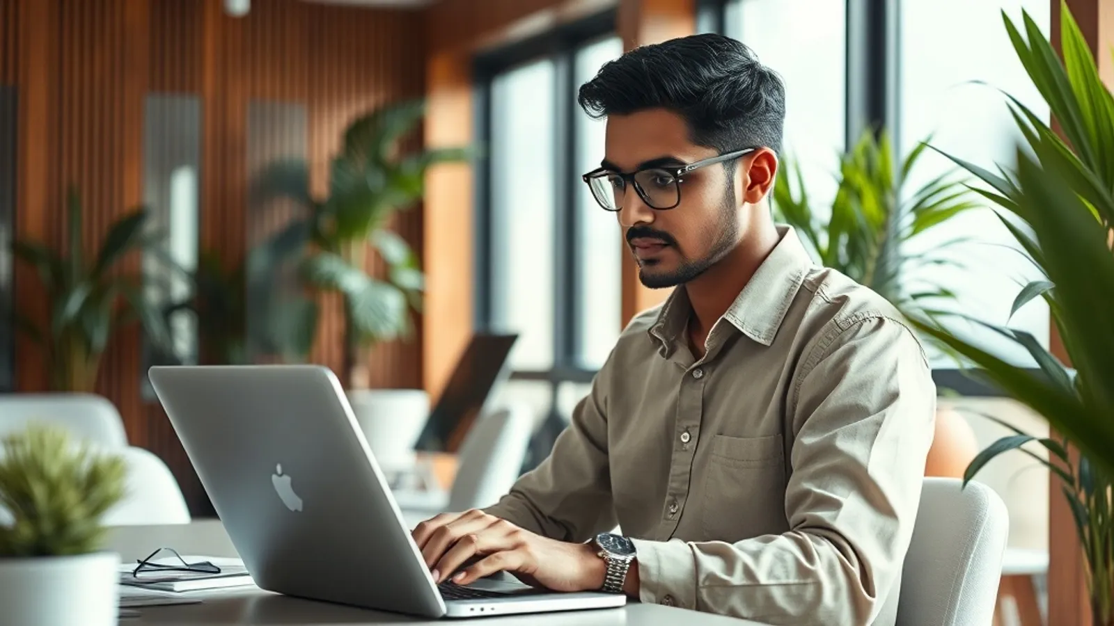 Young professional in Bengaluru office reviewing salary data on a laptop
