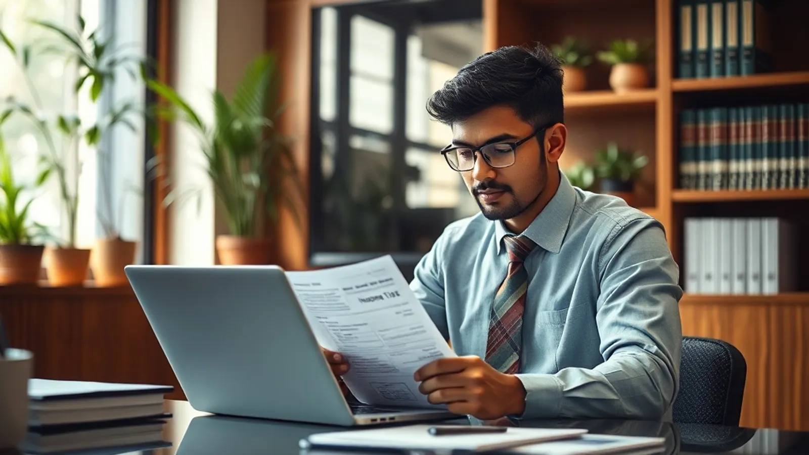 Tax consultant reviewing assessment notices at a Chennai consultancy office