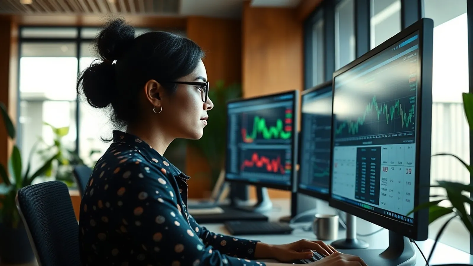 Treasury analyst monitoring forex positions on a trading screen at a Bengaluru corporate HQ