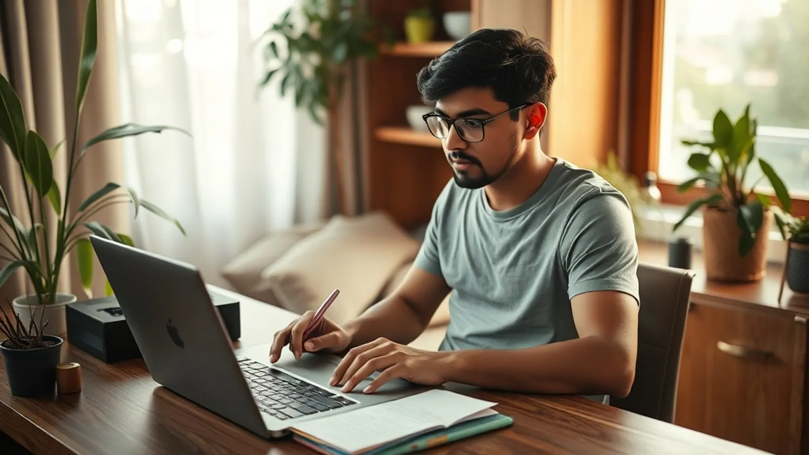 Applicant drafting an application essay on a laptop at a home study desk