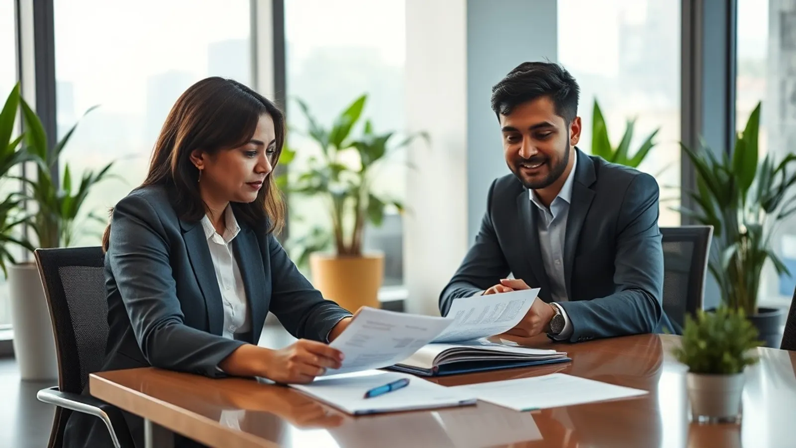 Working professional discussing employer-sponsored Online MBA with HR manager at a corporate office