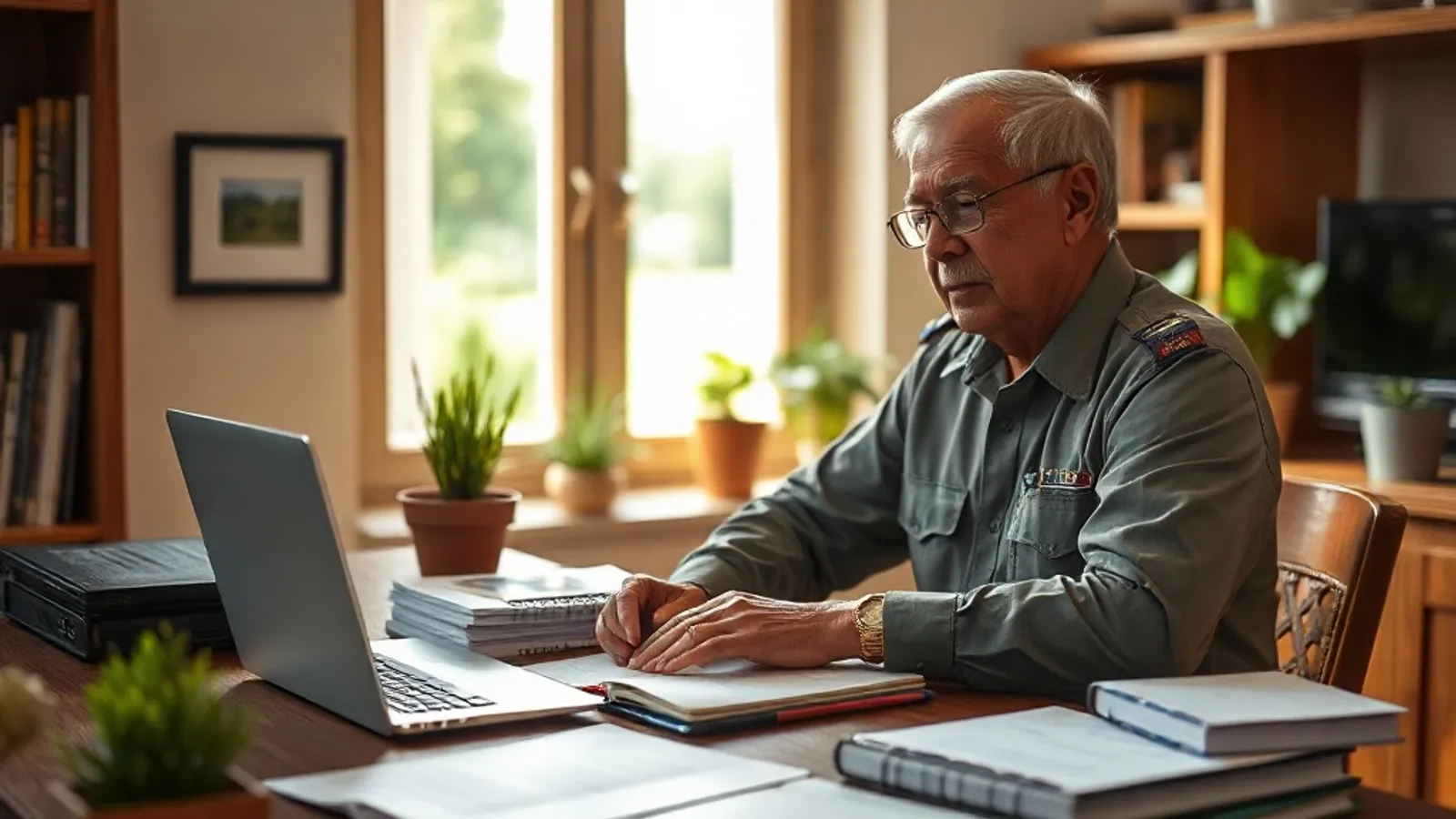Retired defence personnel reviewing programme details on a laptop at a home study desk