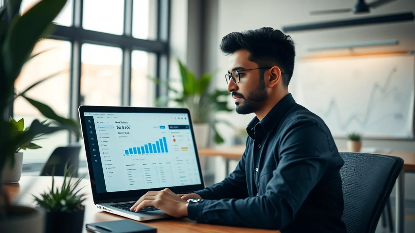 Digital marketing manager reviewing a paid-search dashboard at a Bengaluru consumer brand office
