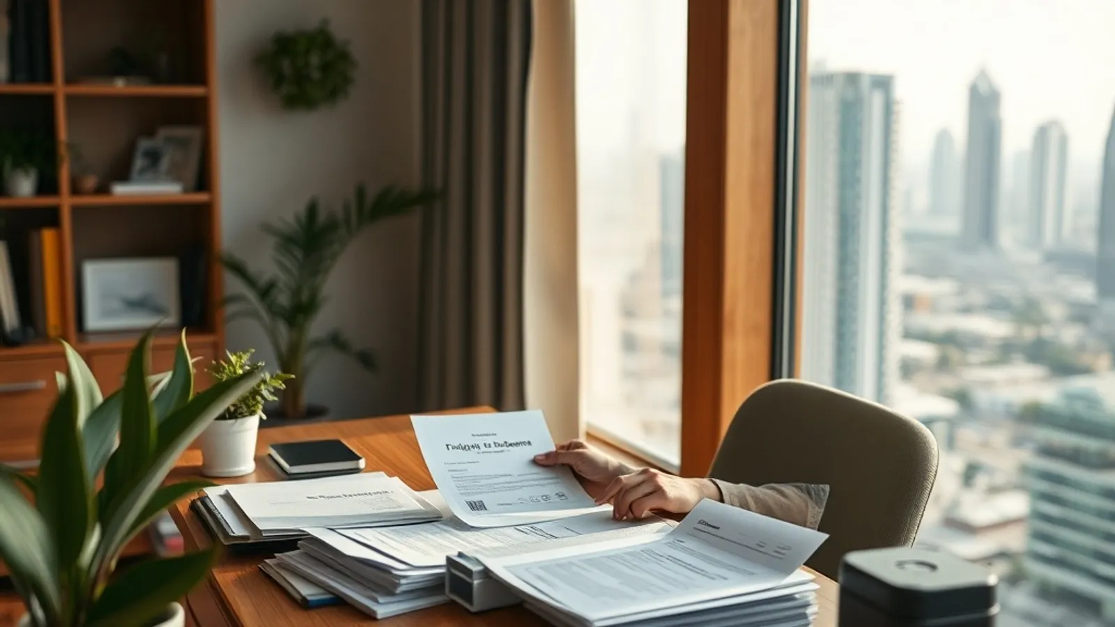 NRI applicant organising application documents at a home study desk overlooking a Dubai cityscape