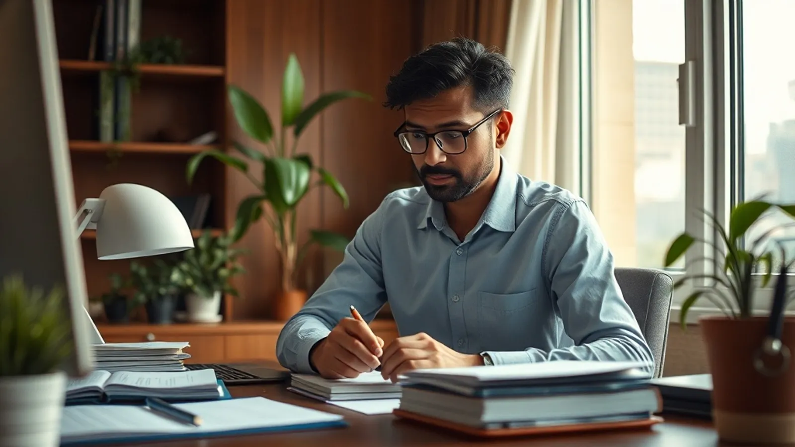 Career-restart applicant reviewing prior MBA semester records at a home study desk