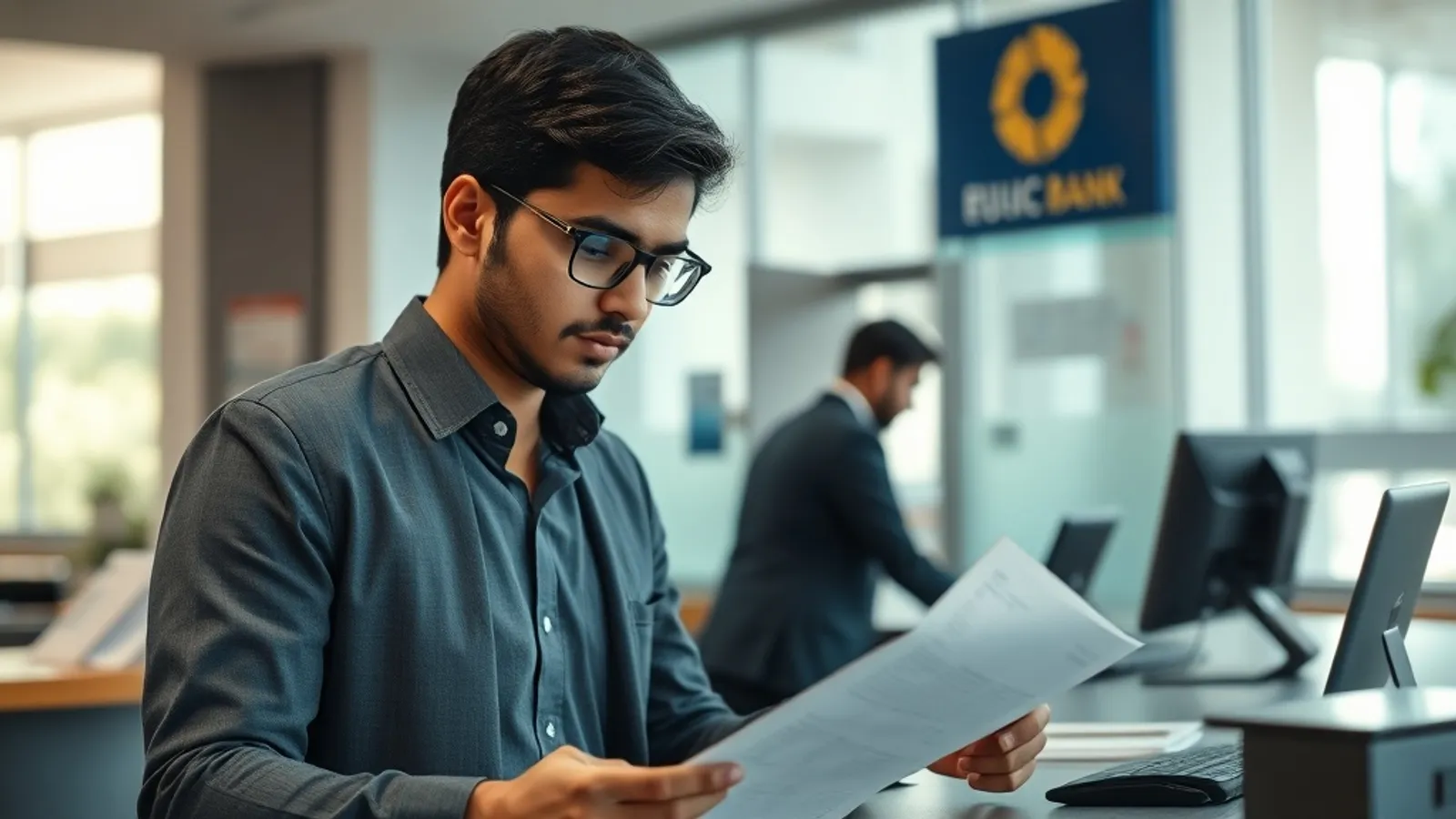 Working professional submitting education loan documentation at a public-sector bank branch