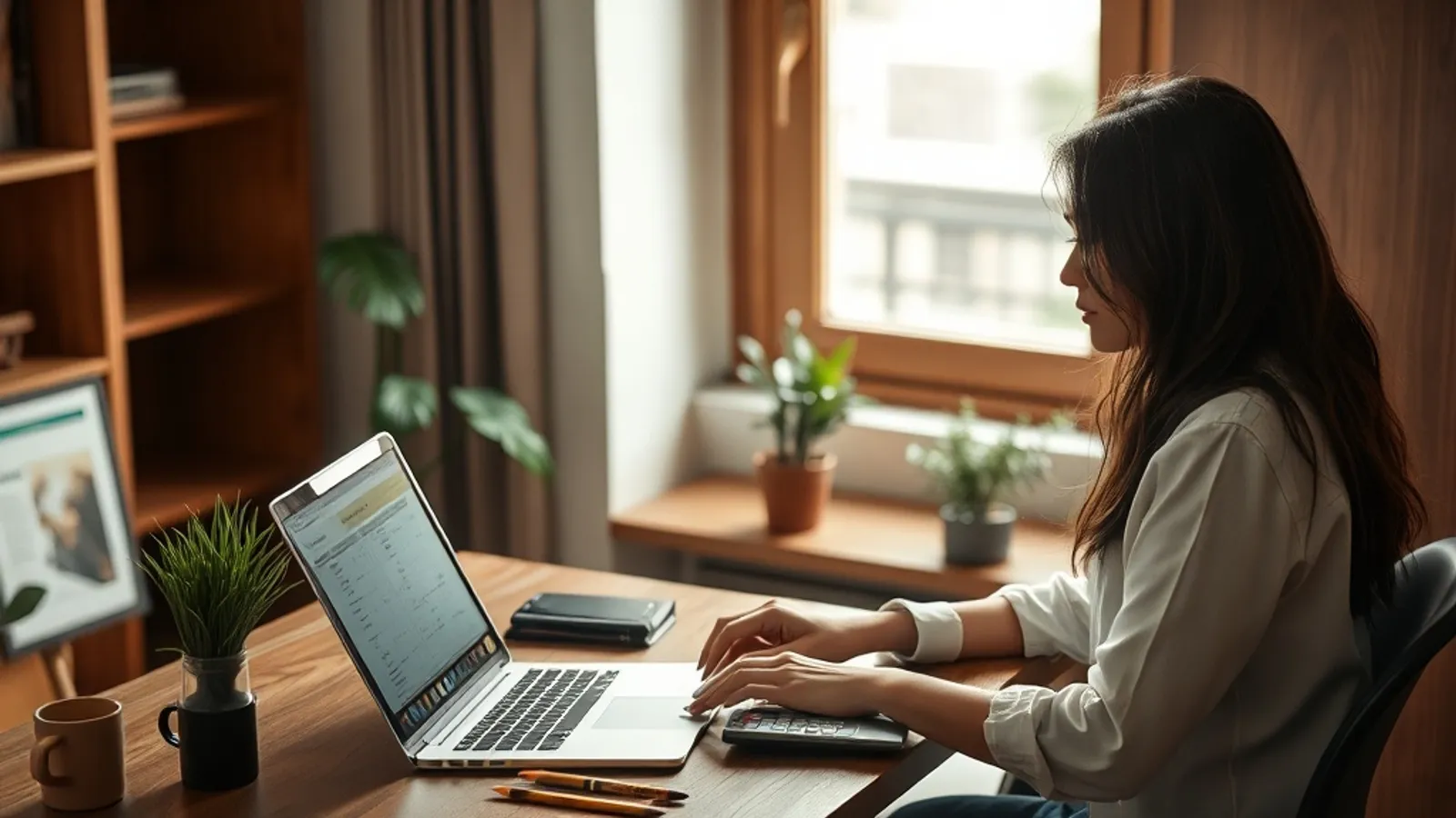 Working professional reviewing EMI options on a laptop at a home study desk