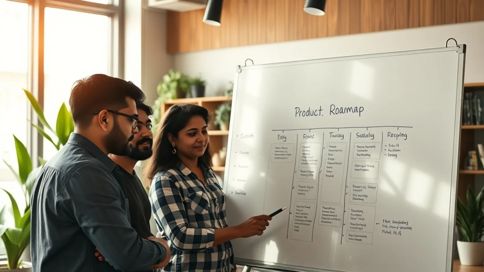 Founding team reviewing a product roadmap at a Hyderabad co-working space
