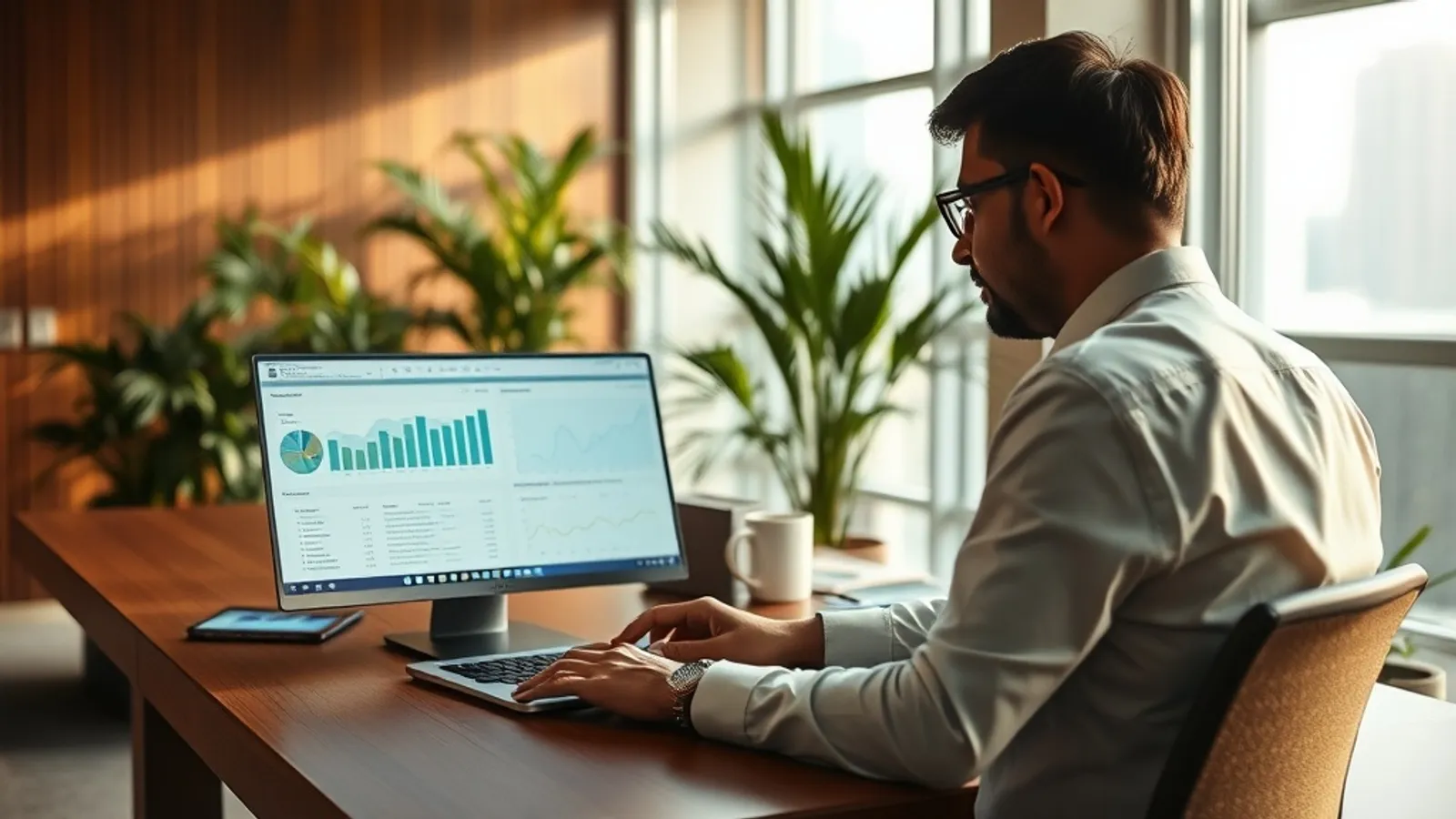 ESG analyst reviewing emissions data in a modern Mumbai office