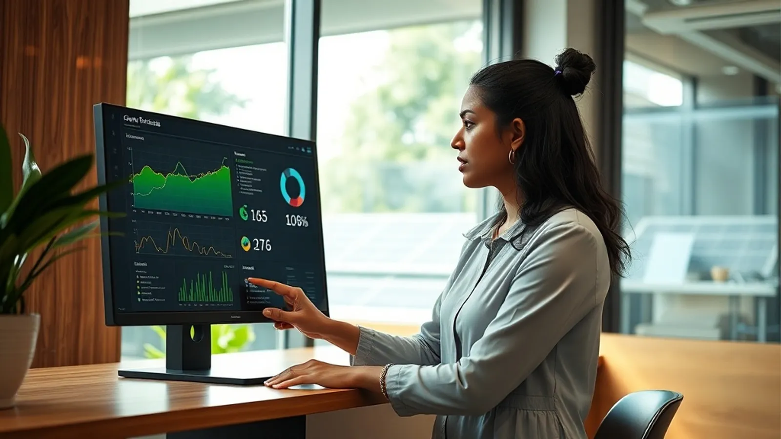 Clean-energy strategist reviewing a solar plant performance dashboard in Pune