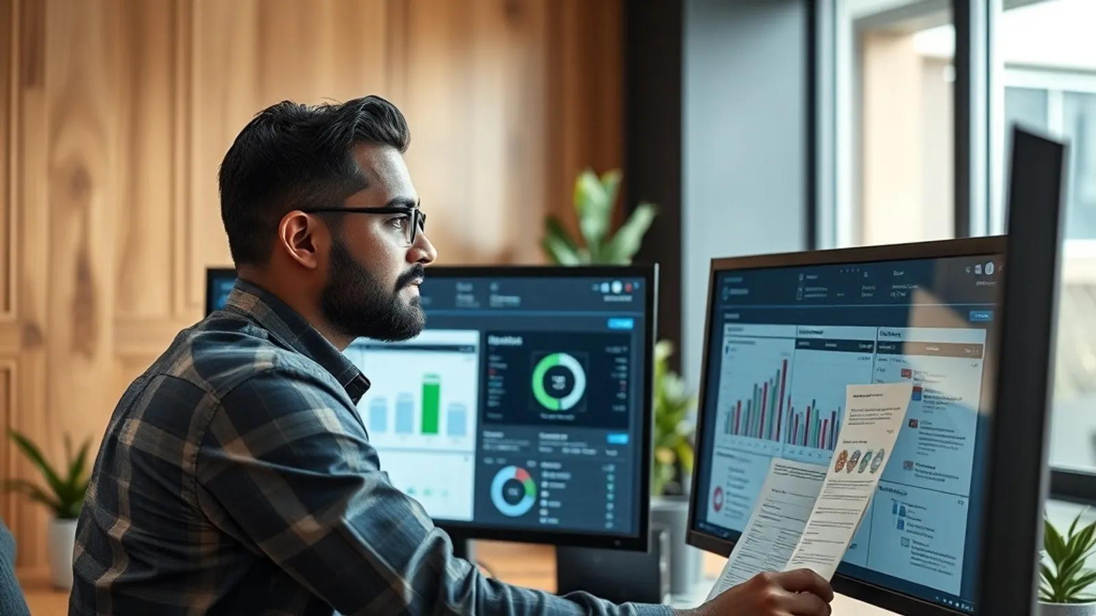 Insurance product manager reviewing a digital-distribution dashboard at a Bengaluru insurtech office