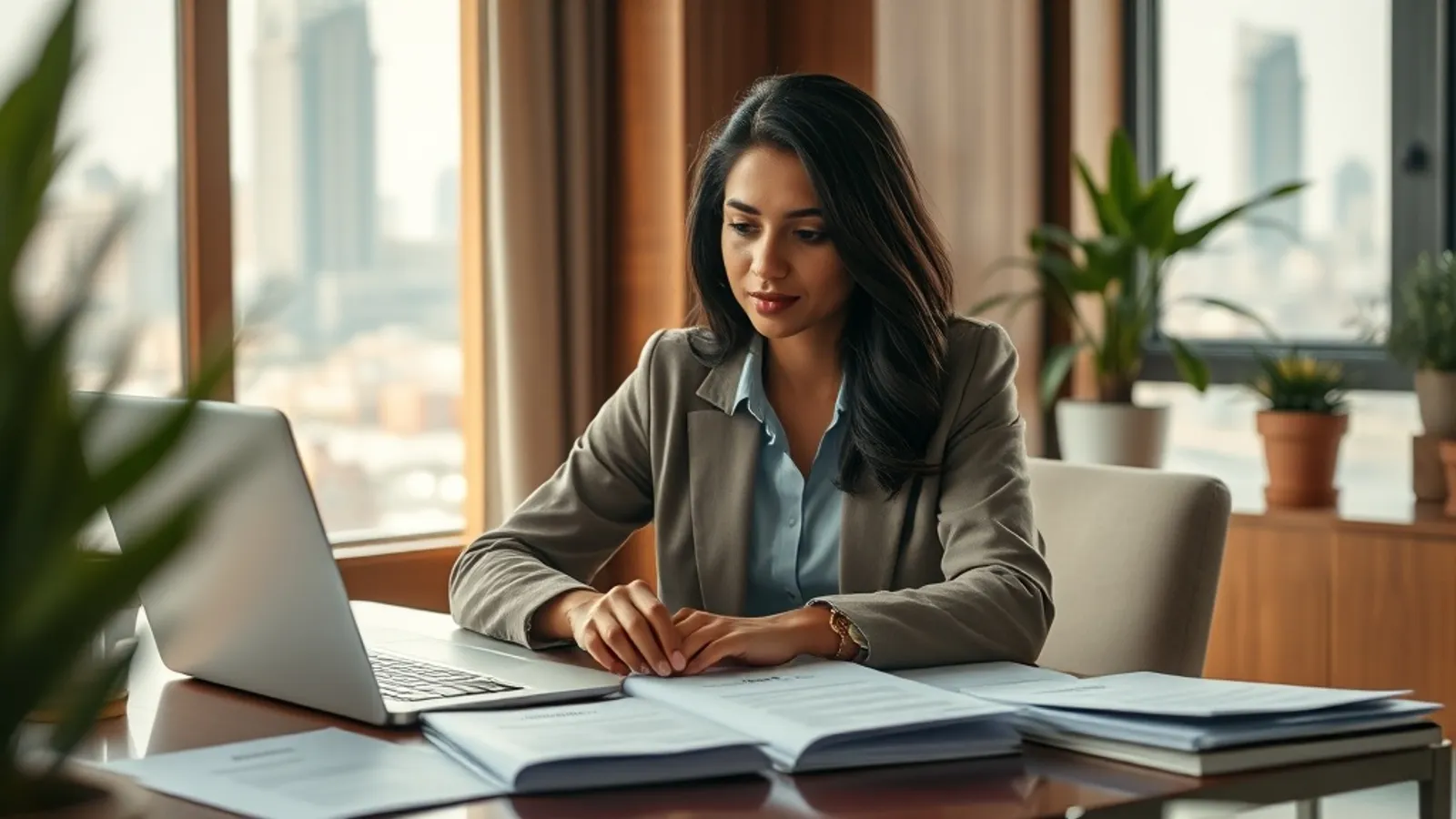 NRI applicant submitting an online application on a laptop at a Dubai home office