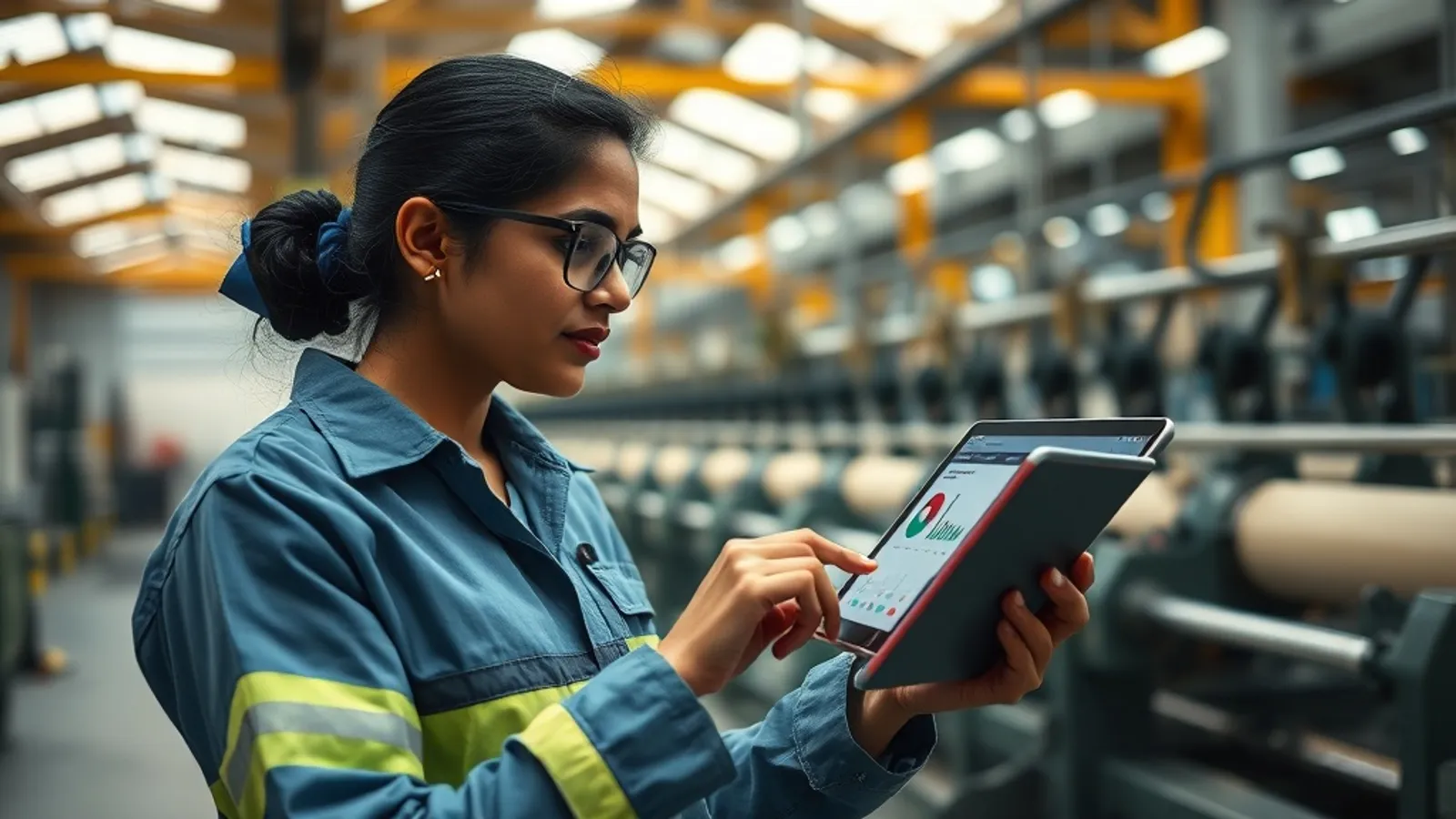 Operations manager on the shop floor of a Coimbatore textile factory