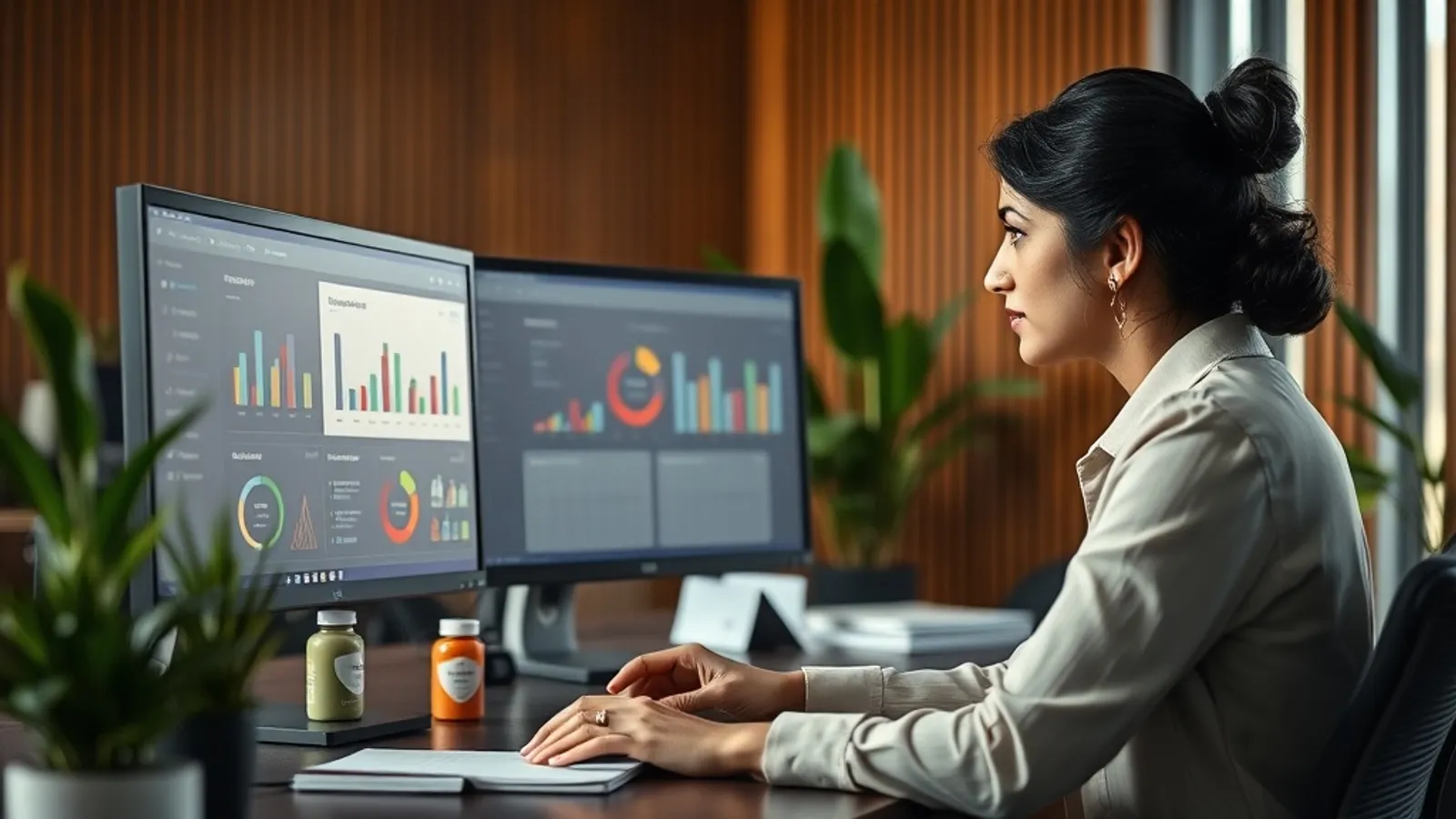 Pharma brand manager reviewing a launch dashboard at a Hyderabad pharma firm office
