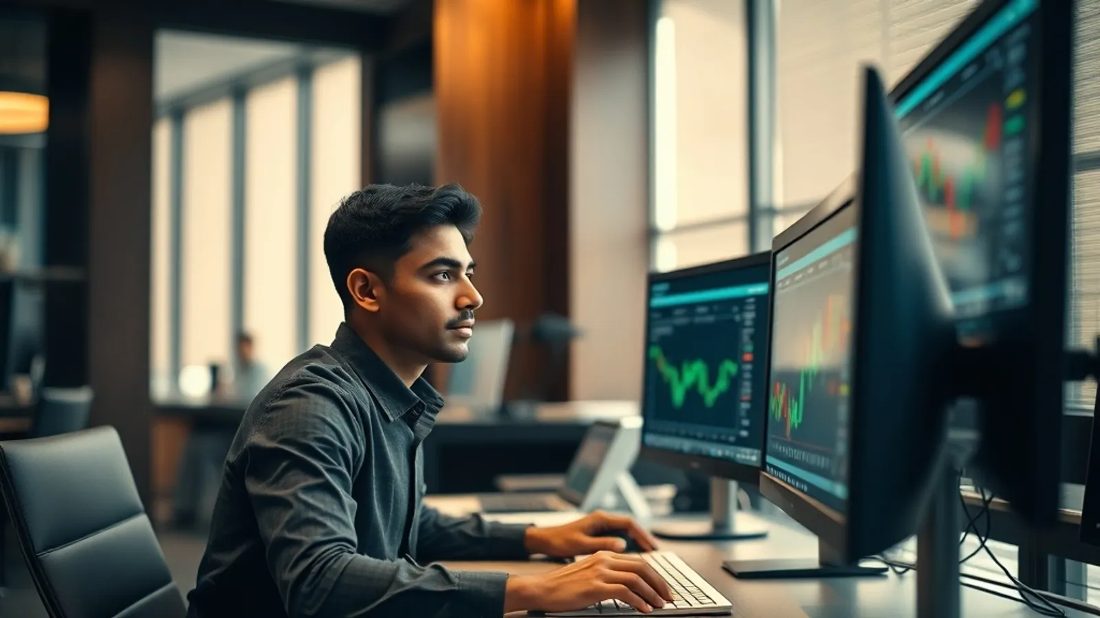 Equity research analyst building a DCF model on dual monitors at a Mumbai asset management firm