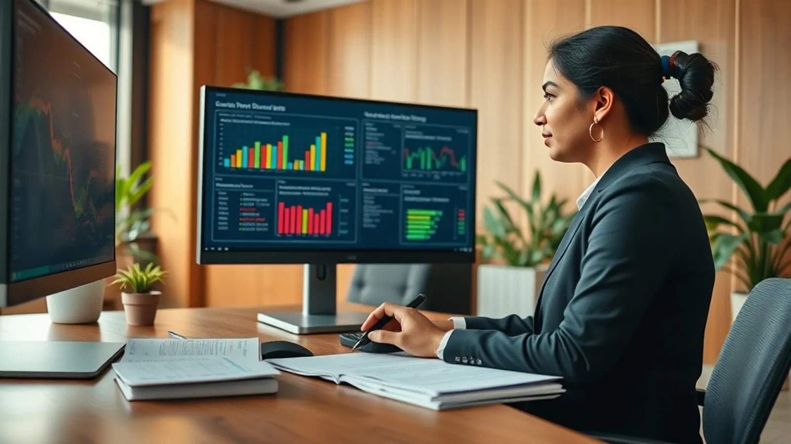 Risk analyst reviewing a credit-portfolio stress-test dashboard at a Mumbai bank risk team office