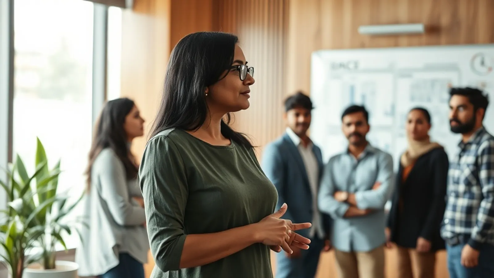 Programme manager facilitating a stand-up meeting at a Mumbai EPC firm office