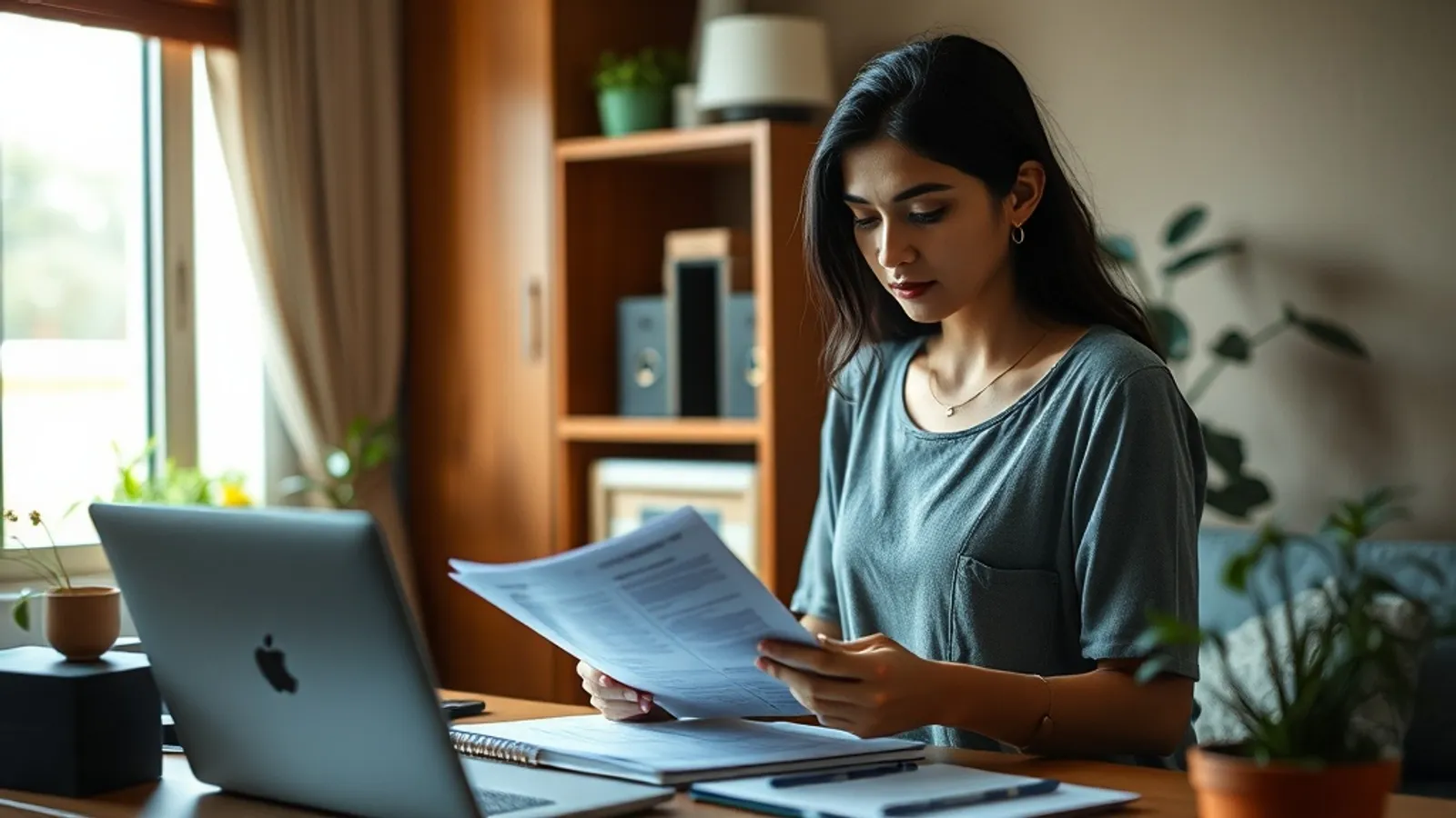 Applicant reviewing scholarship eligibility documents at a home study desk