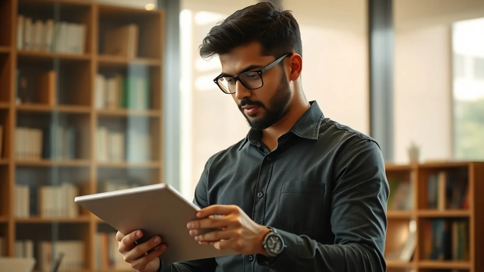Investment associate reviewing a deal memo on a tablet at a Bengaluru office