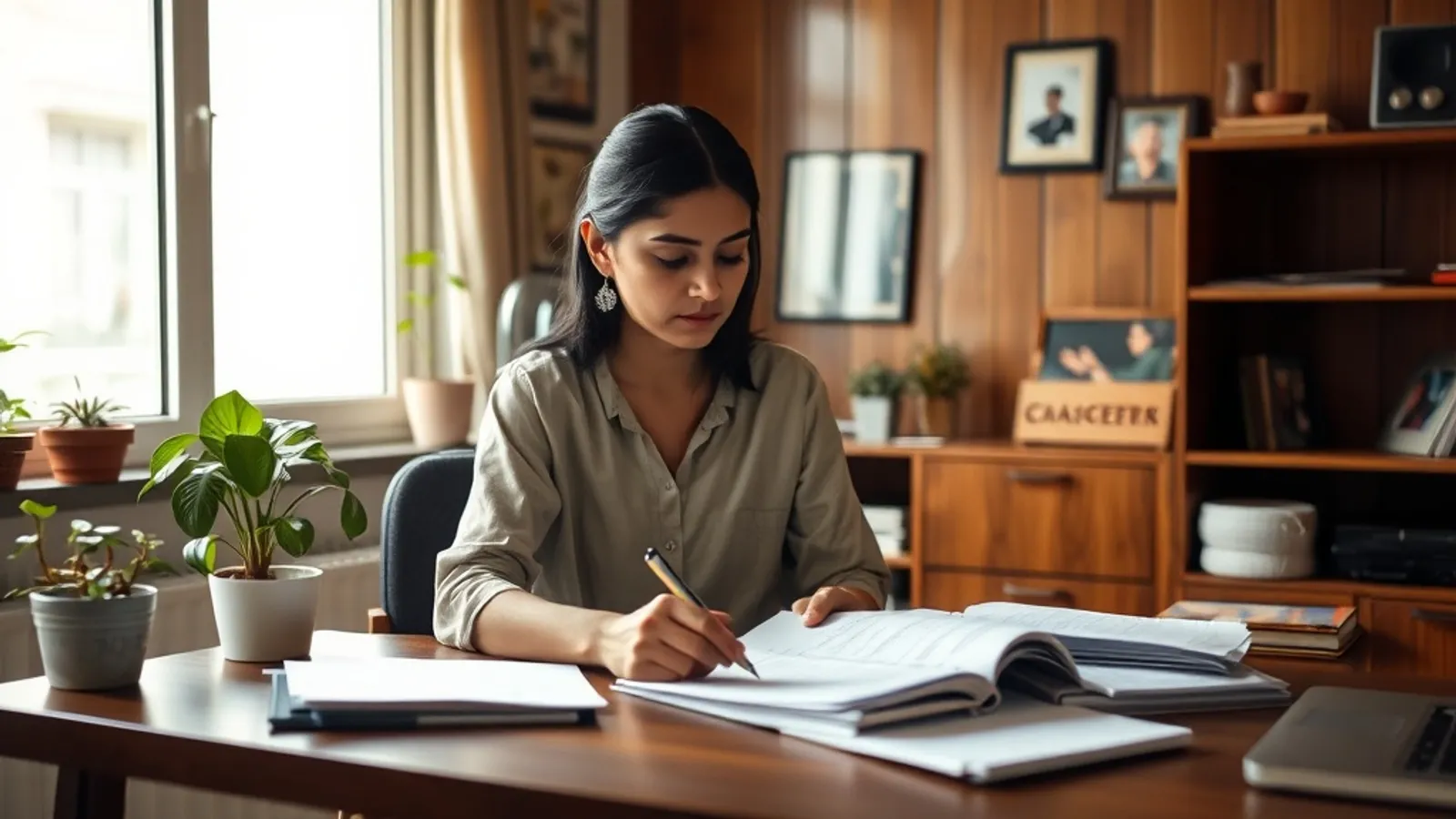 Career restarter reviewing an application checklist at a home study desk