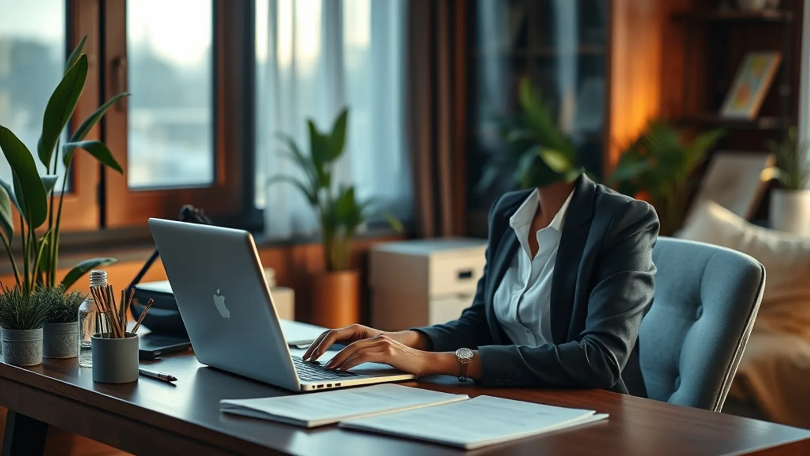 Working professional submitting an online application on a laptop at a home study desk