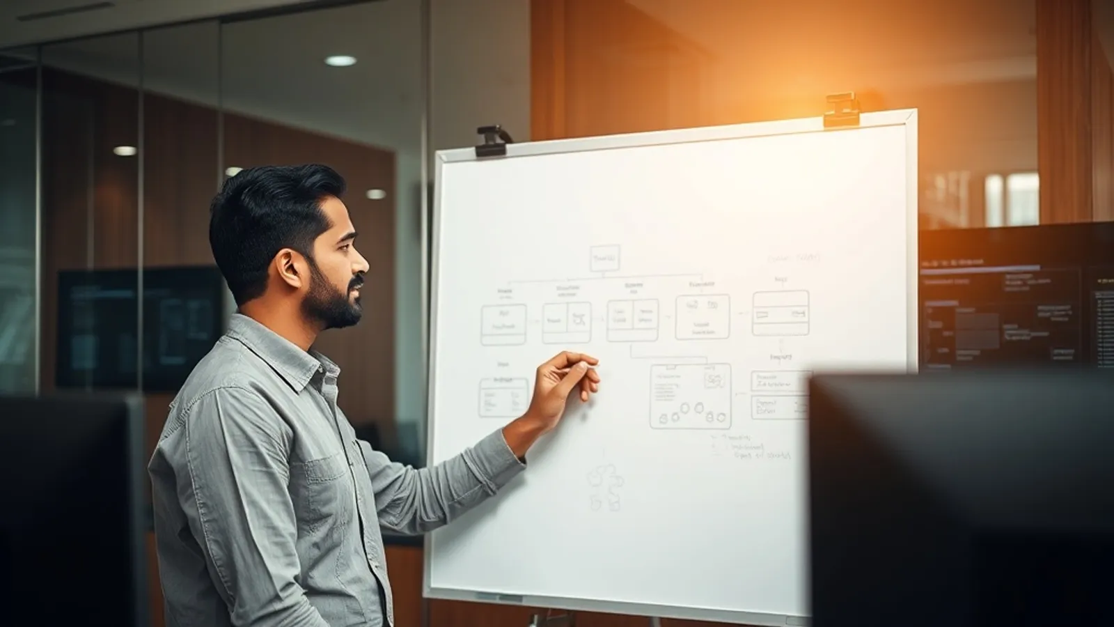 Cloud architect drawing an architecture diagram on a whiteboard at a Hyderabad enterprise IT office