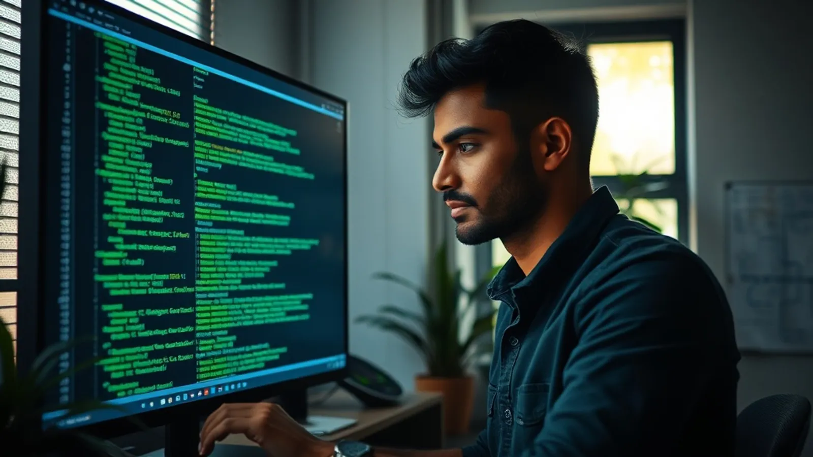 DevOps engineer reviewing a CI/CD pipeline on a terminal at a Pune SaaS office