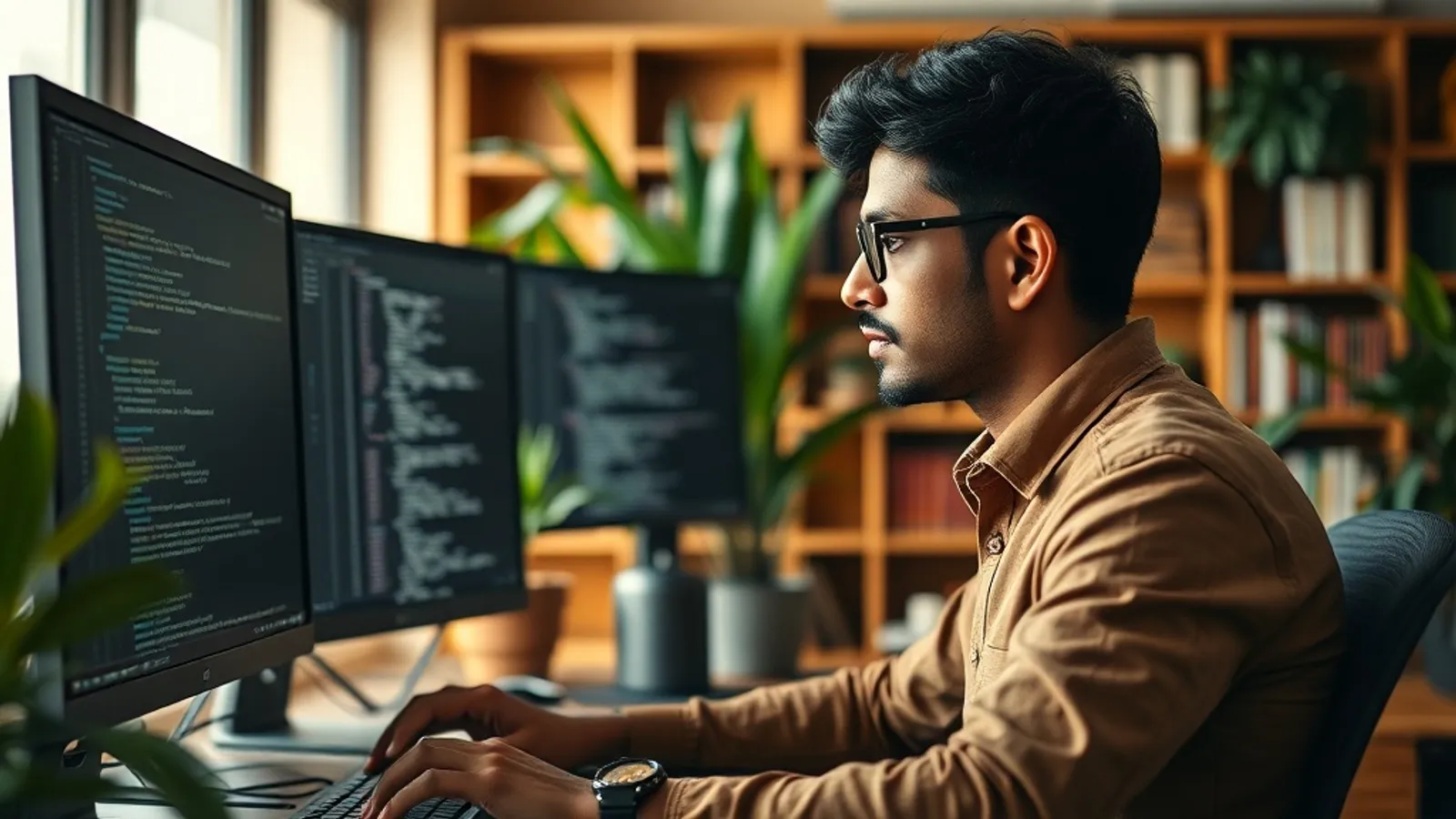 Full-stack engineer reviewing code on three monitors at a Bengaluru SaaS office