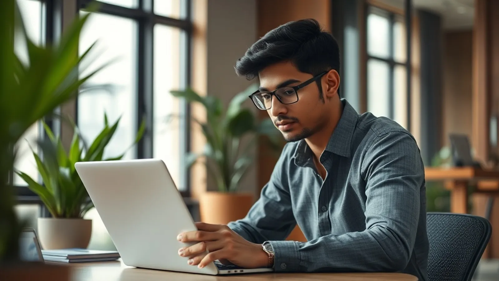 Young professional in Bengaluru office reviewing salary data on a laptop
