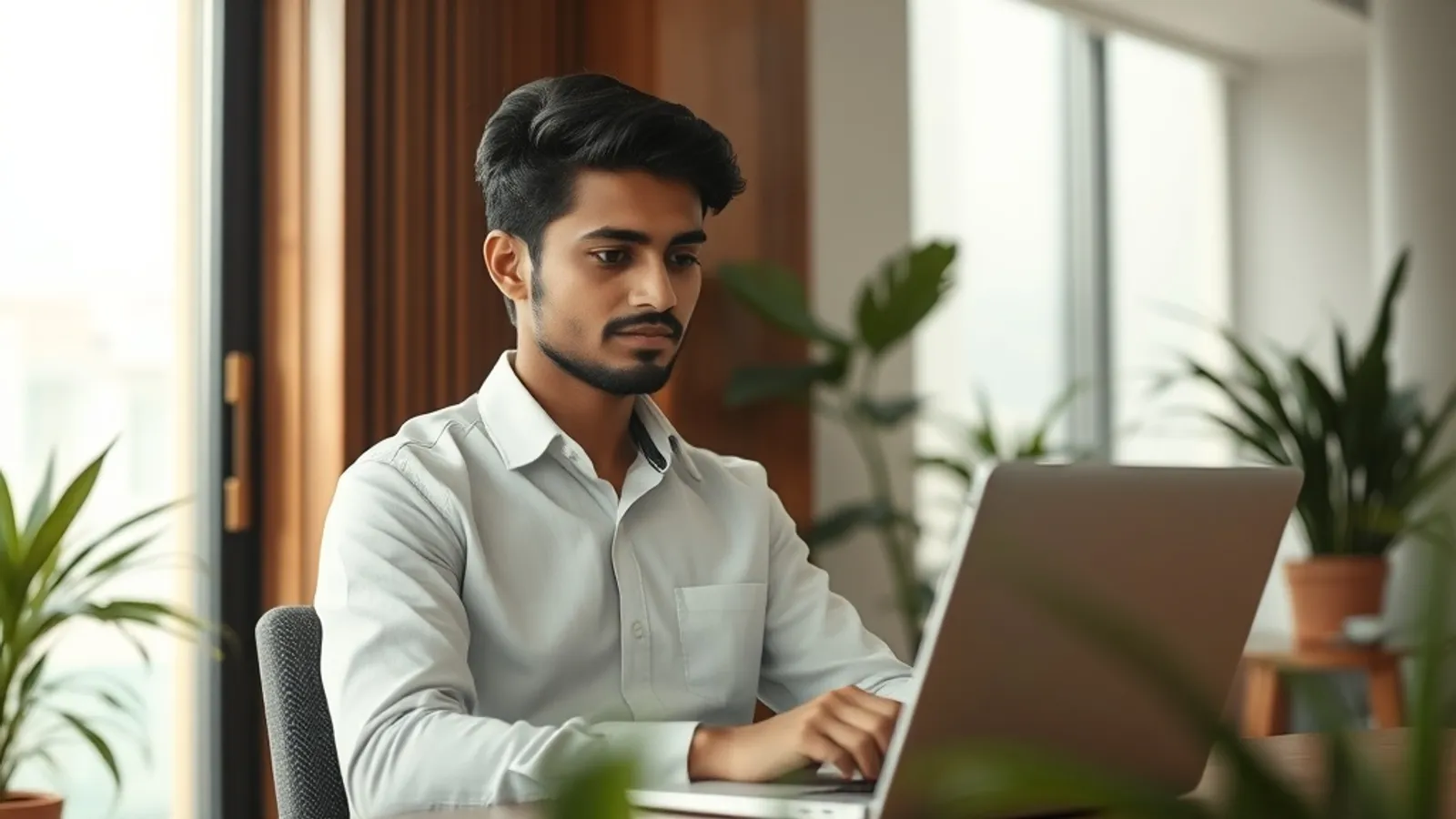 Young professional in Delhi NCR office reviewing salary data on a laptop