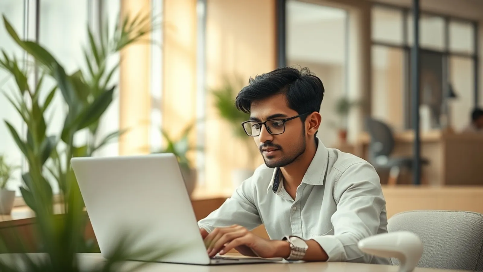 Young professional in Hyderabad office reviewing salary data on a laptop