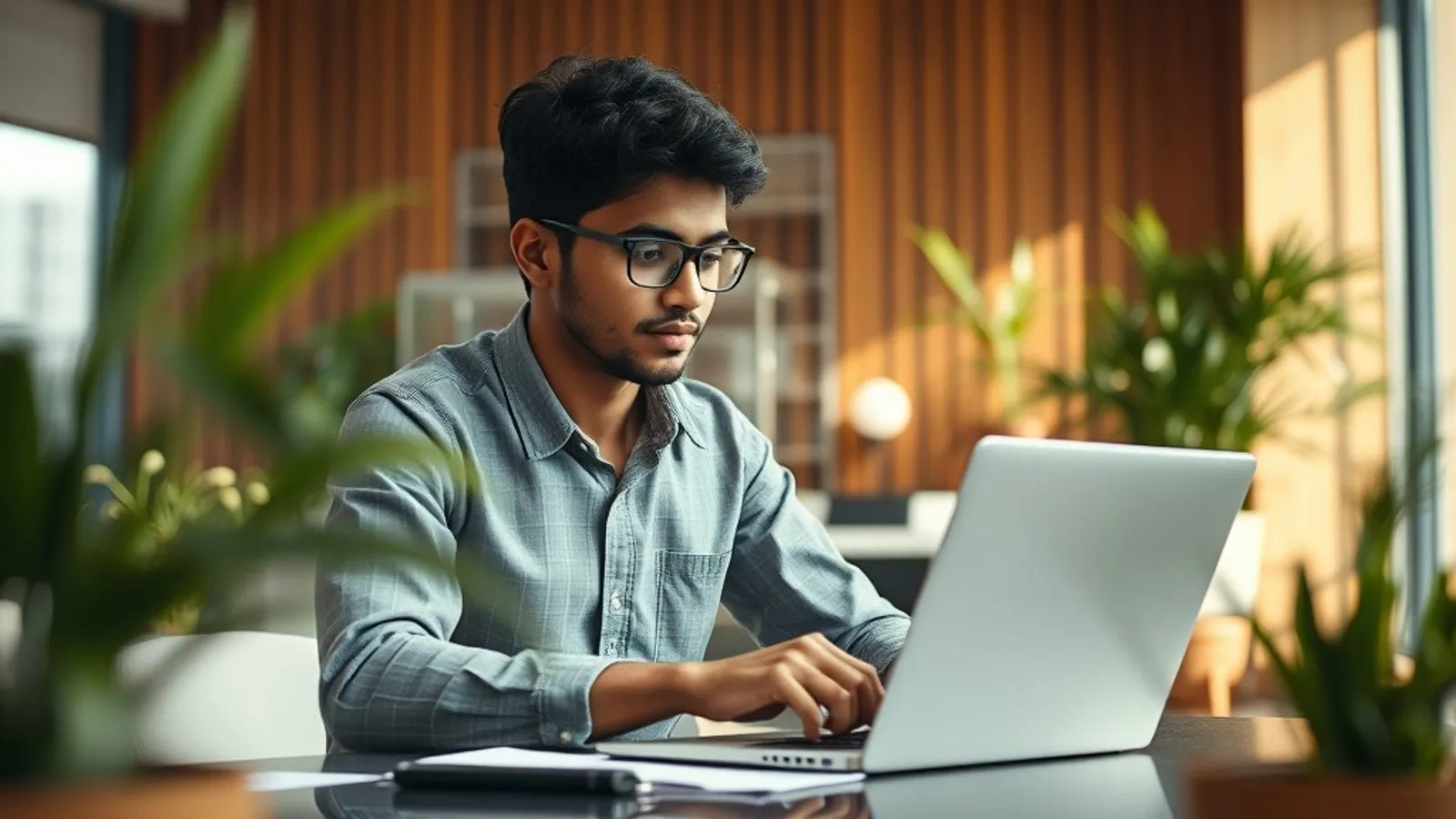 Young professional in Pune office reviewing salary data on a laptop