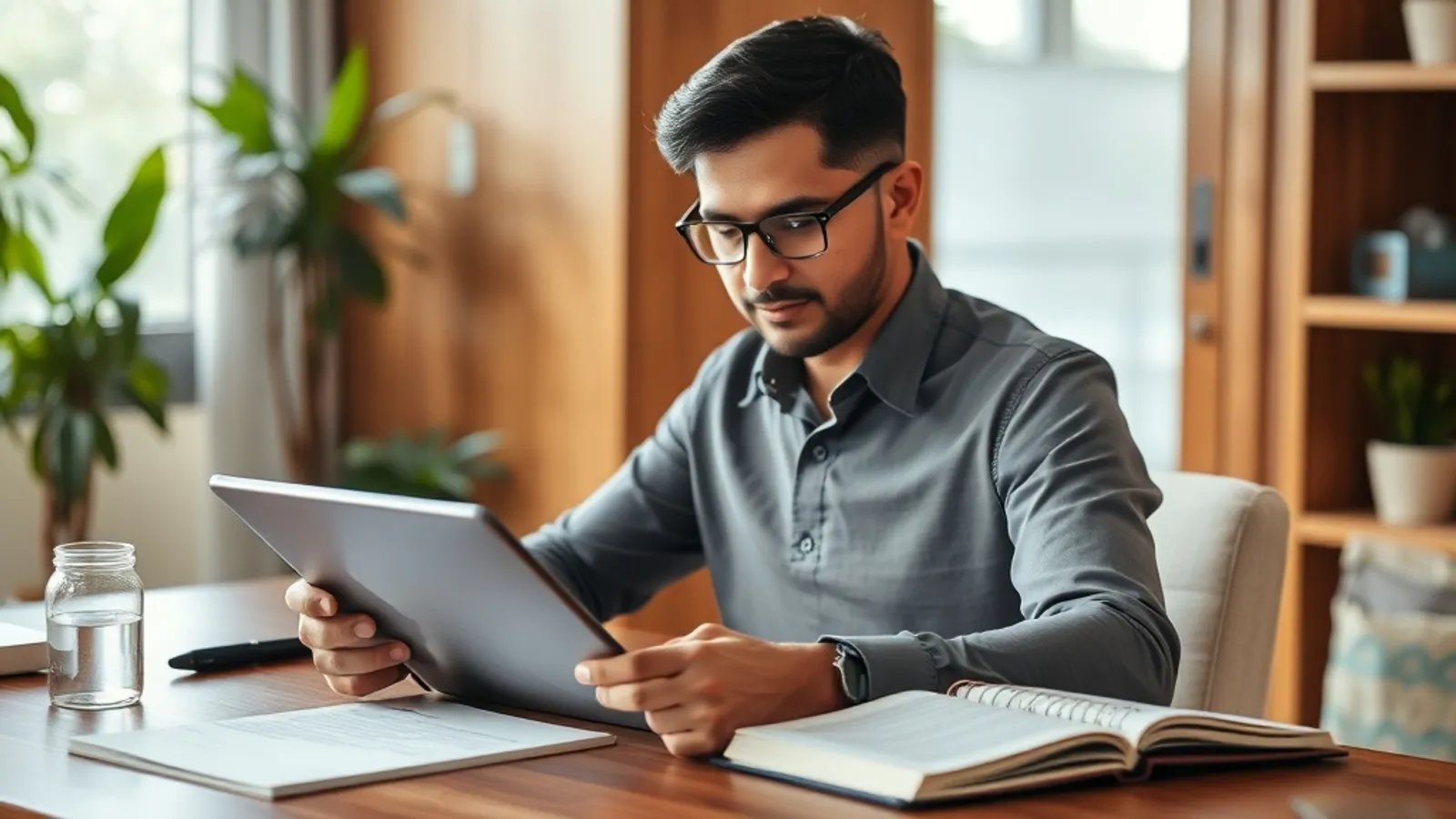 Working professional reviewing online programme brochures on a tablet at a home study desk